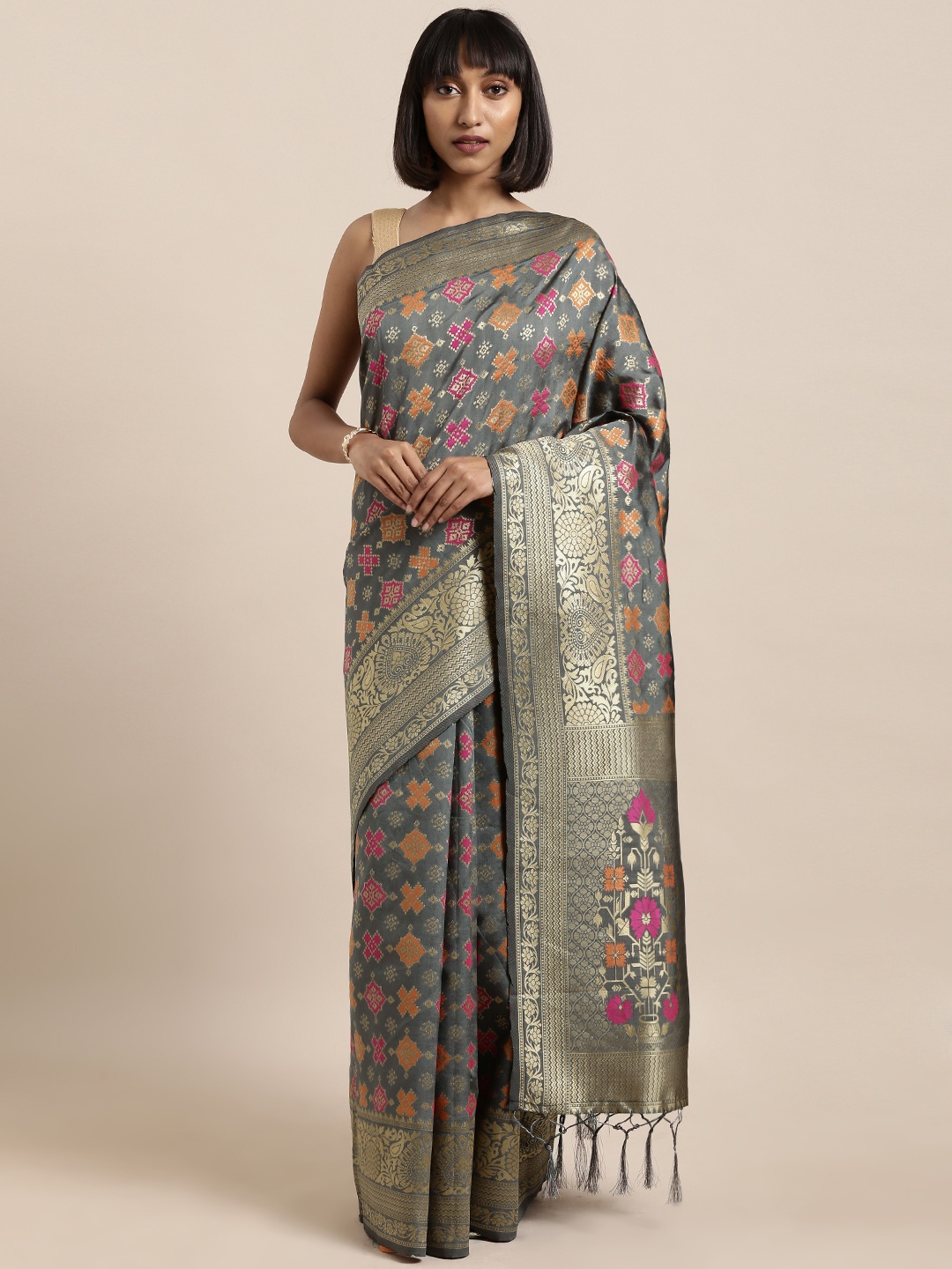 

Mitera Grey & Gold-Toned Art Silk Woven Design Banarasi Saree