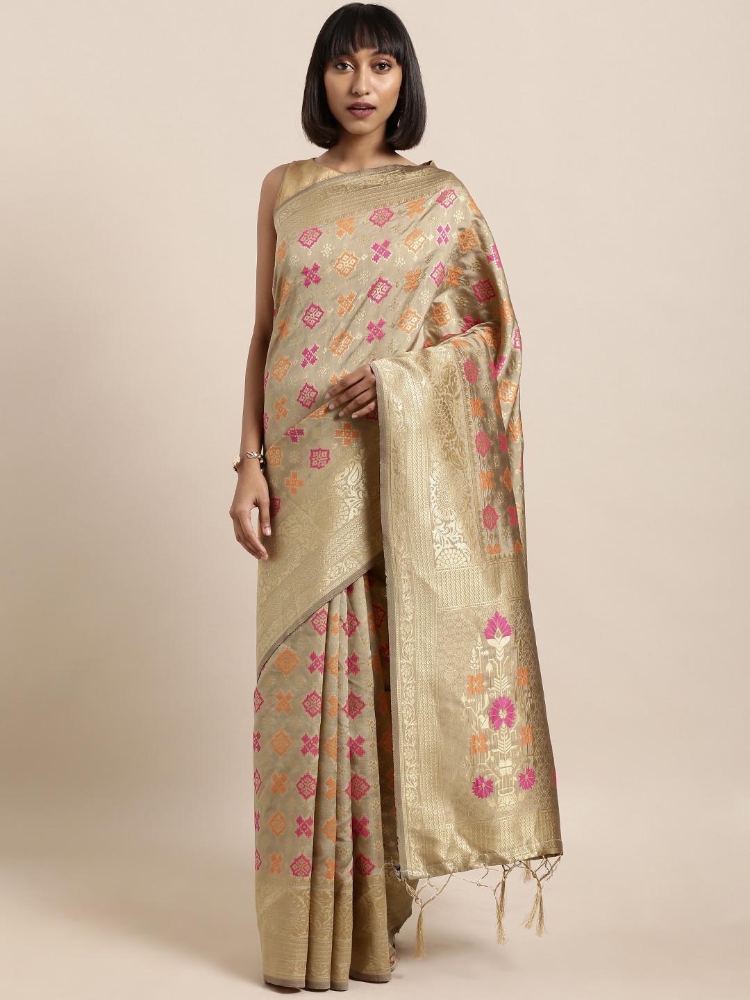 

Mitera Beige & Gold-Toned Art Silk Woven Design Banarasi Saree