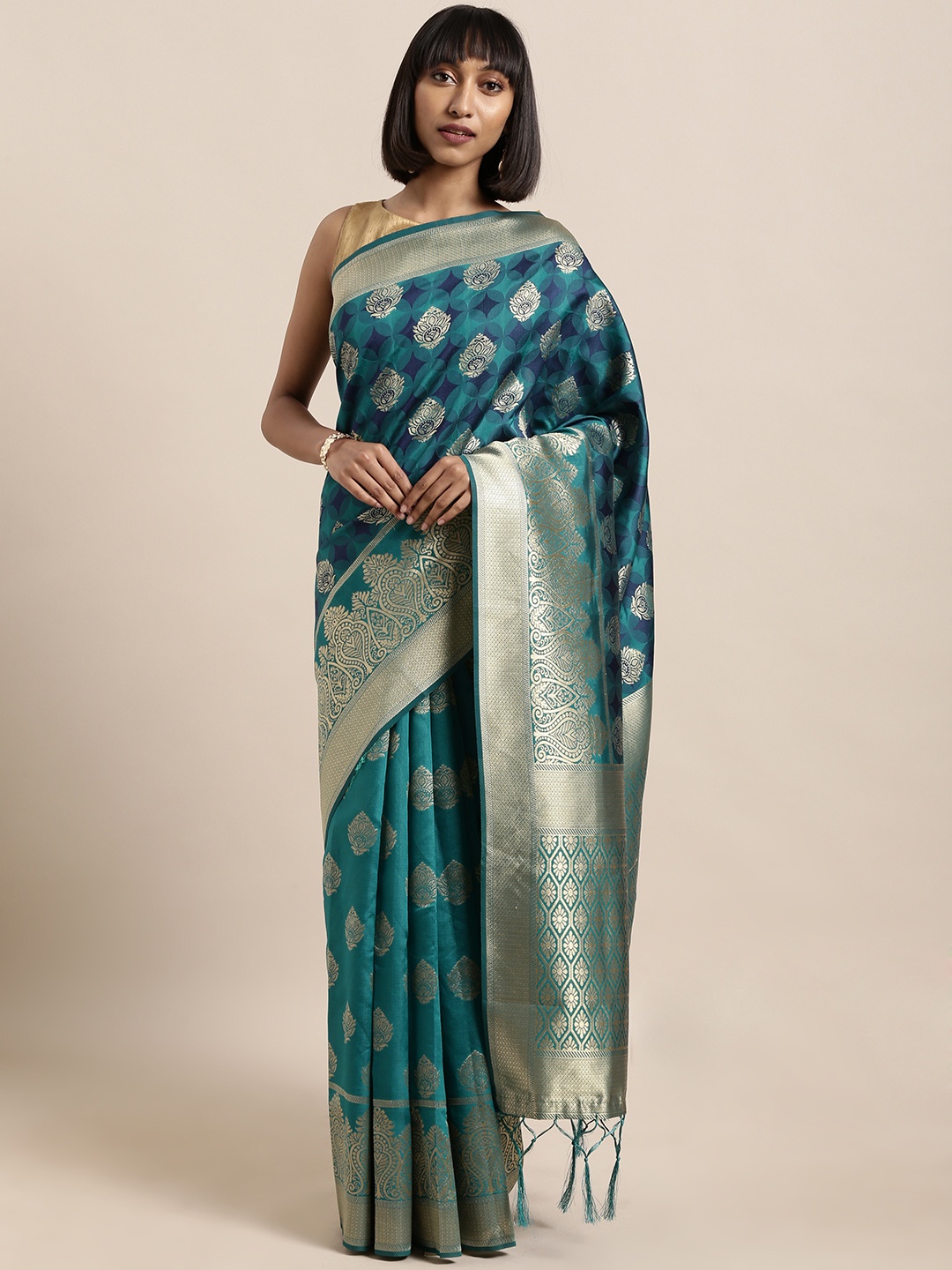 

Mitera Green & Gold-Toned Art Silk Woven Design Banarasi Saree