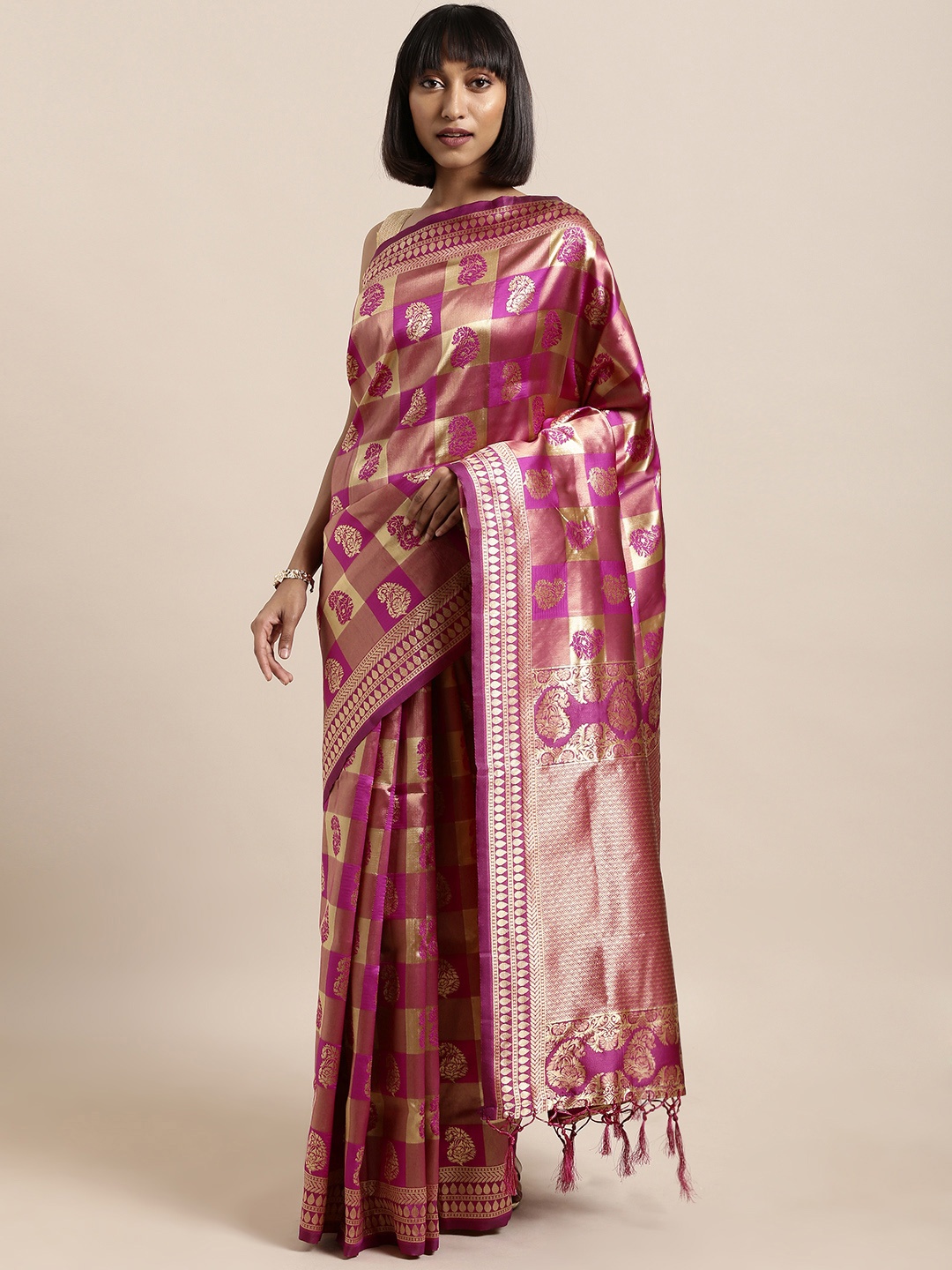 

Mitera Pink & Gold-Toned Art Silk Woven Design Banarasi Saree