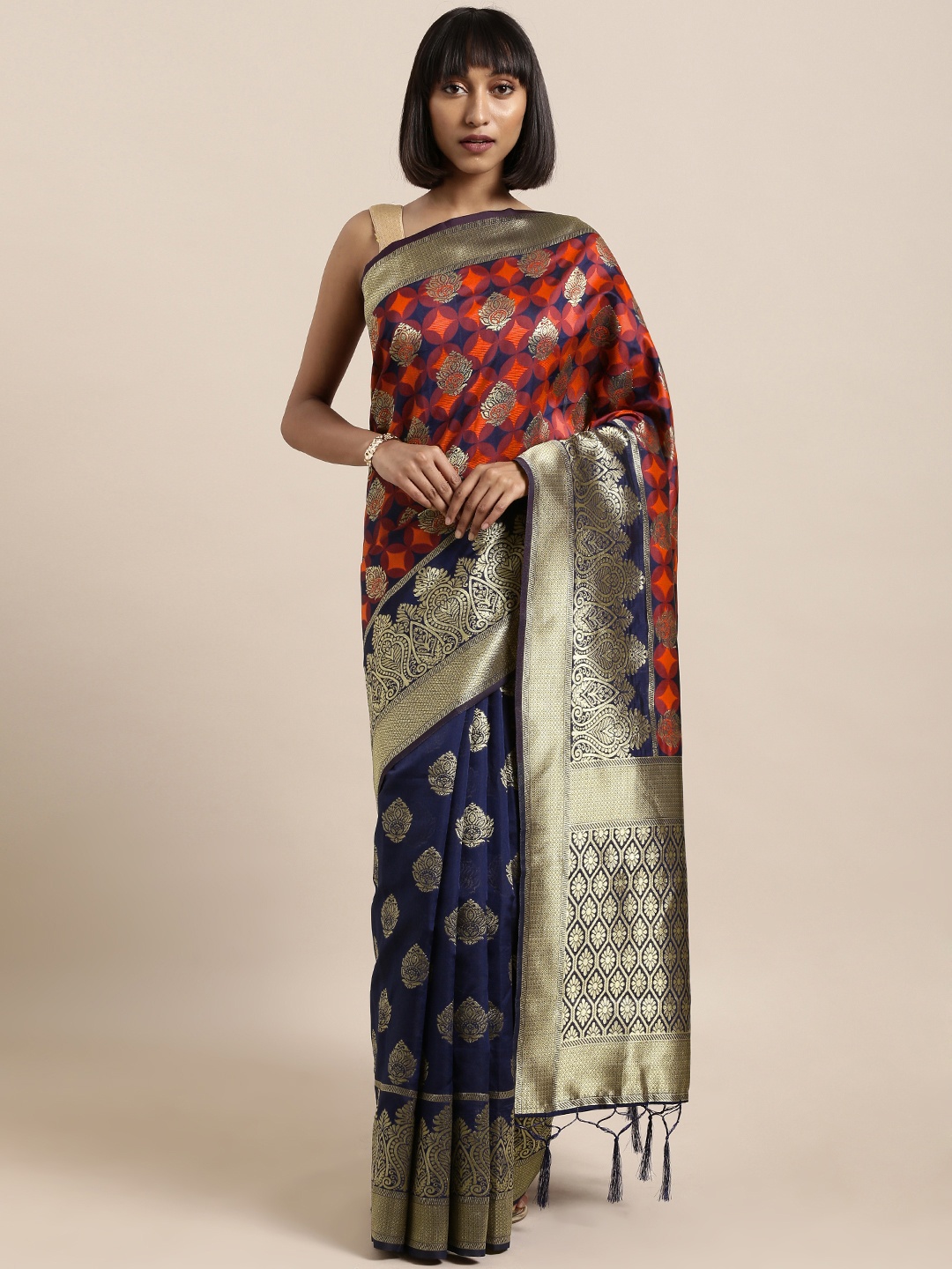 

Mitera Navy Blue & Red Art Silk Woven Design Banarasi Saree