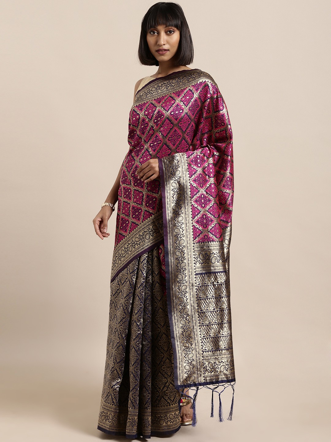 

Mitera Navy Blue & Pink Art Silk Woven Design Banarasi Saree