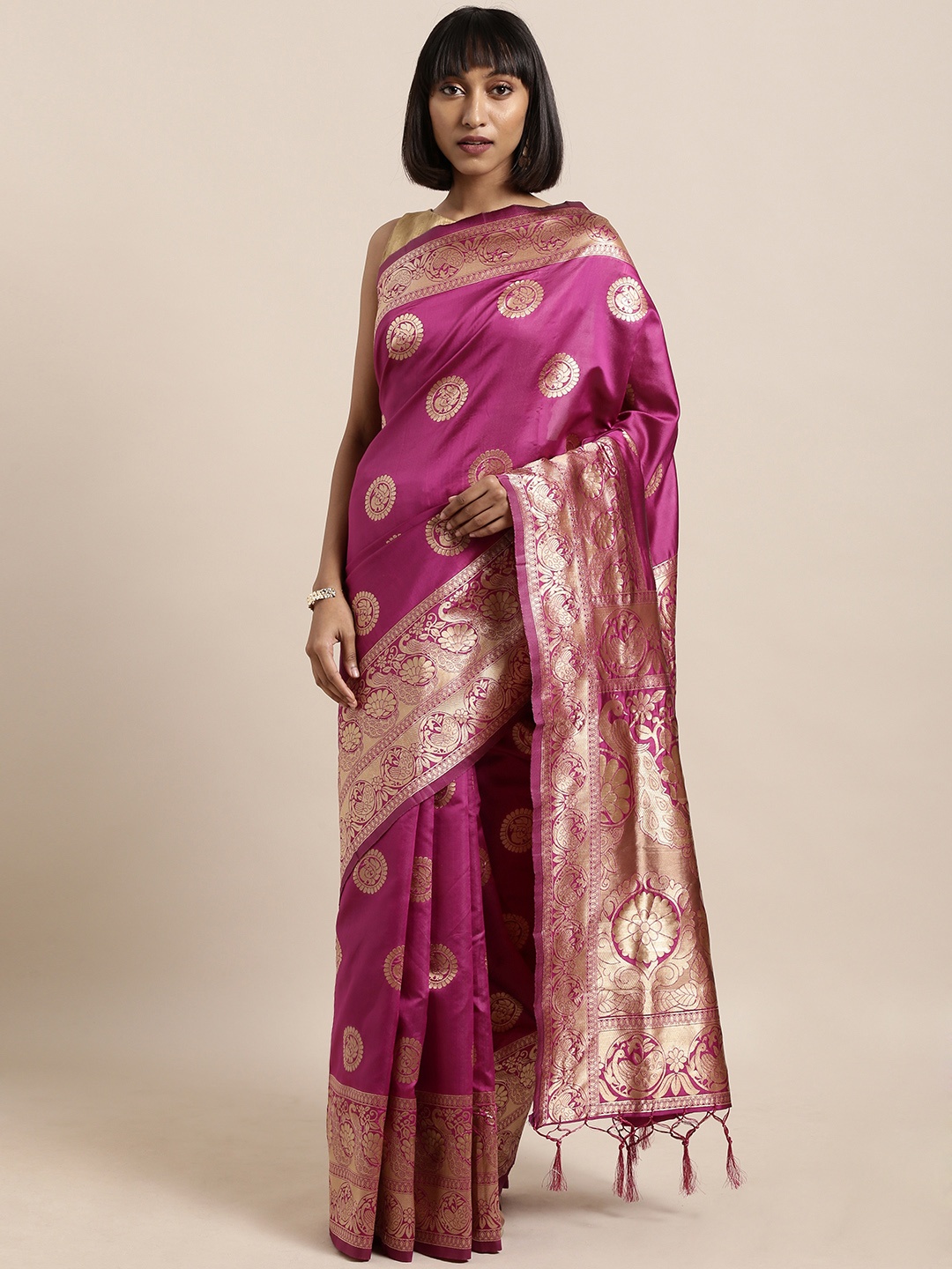 

Mitera Pink & Gold-Toned Art Silk Woven Design Banarasi Saree