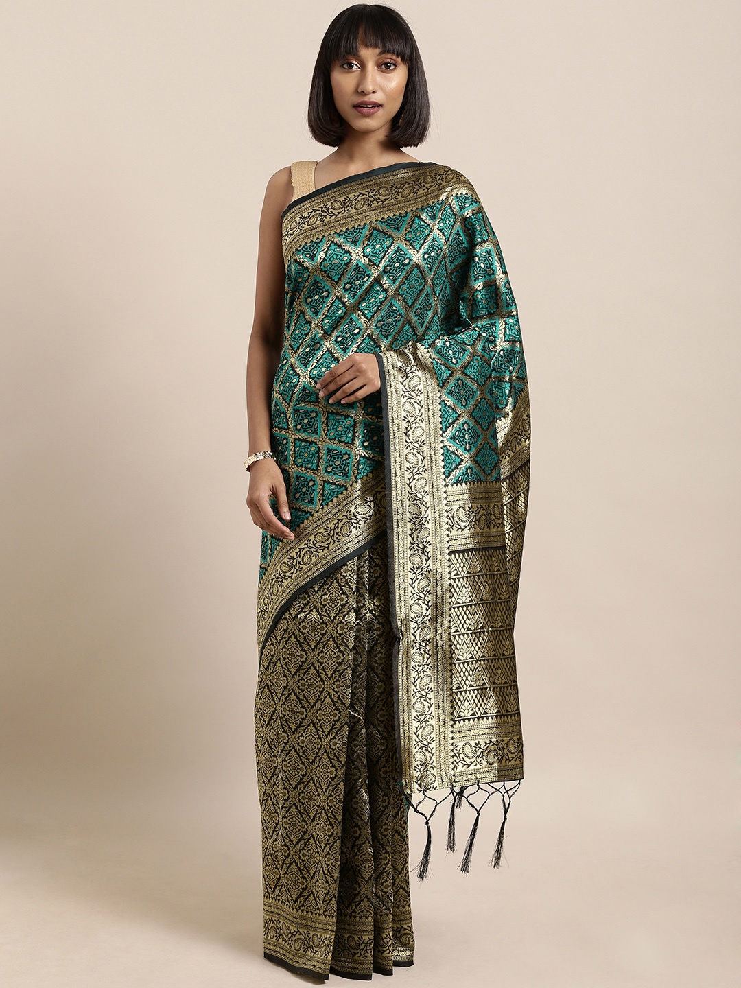 

Mitera Green & Gold-Toned Art Silk Woven Design Banarasi Saree