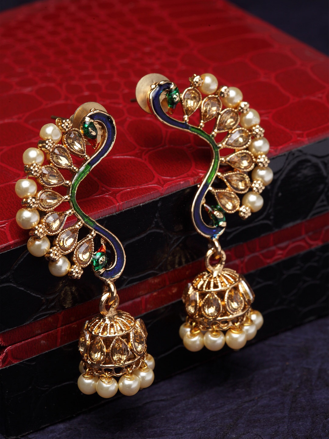 

PANASH Gold-Plated & White Meenakari Peacock Shaped Drop Earrings