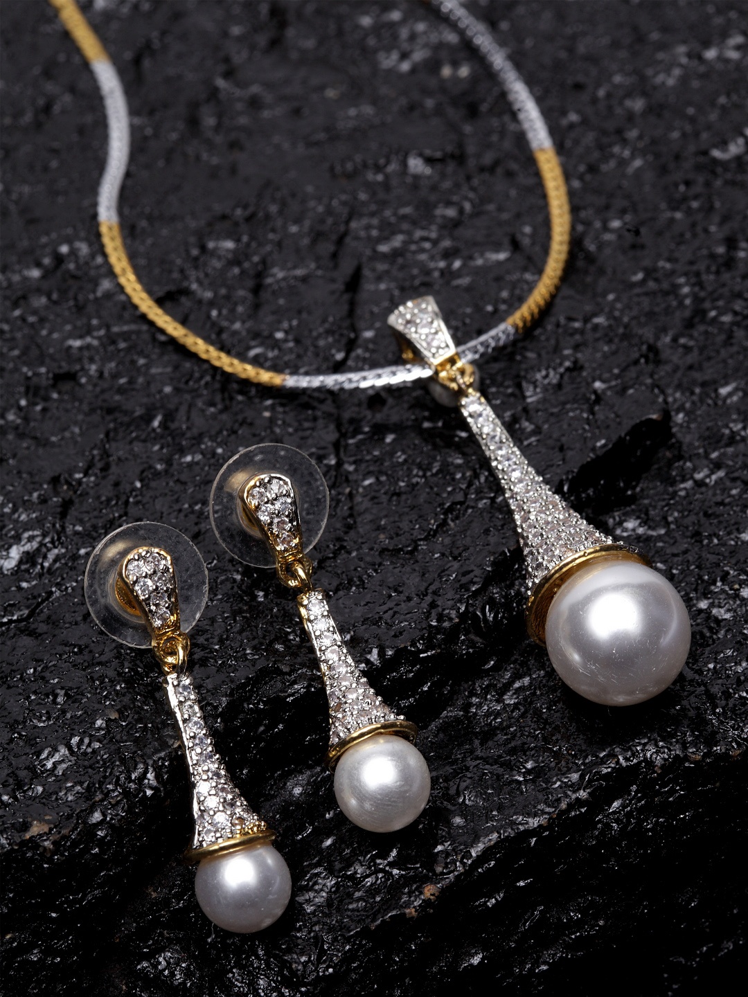 

PANASHE Gold-Plated Silver-Toned CZ Stone Studded Handcrafted Copper Jewellery Set