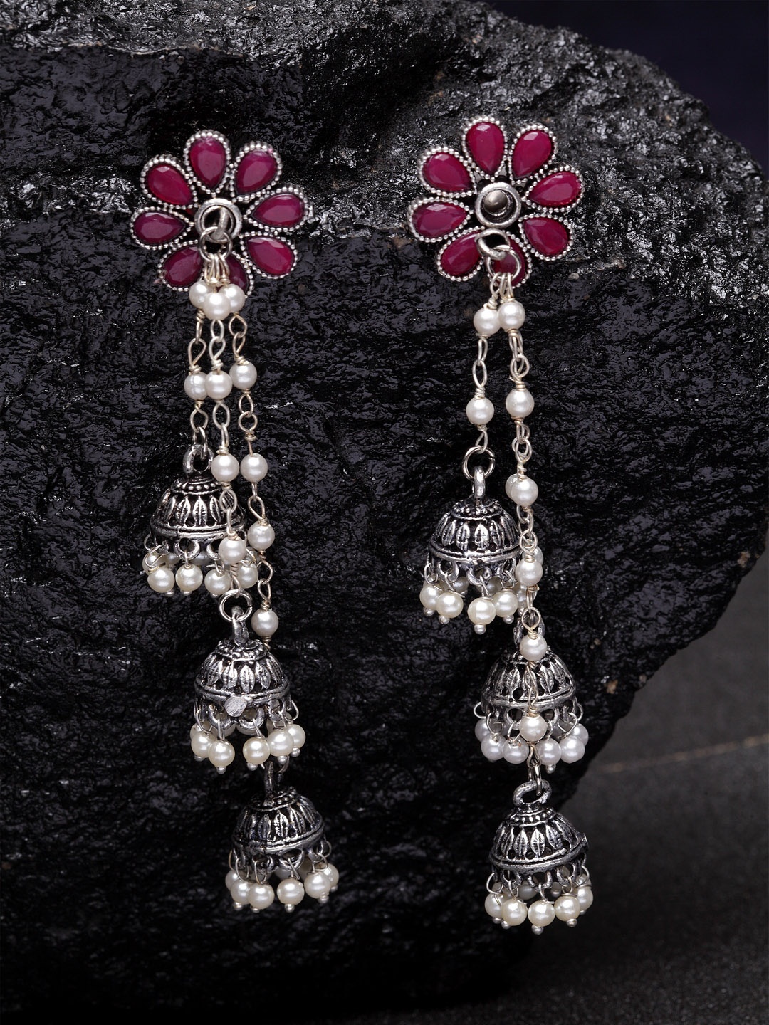 

PANASH Silver_Plated & Maroon Contemporary Drop Earrings
