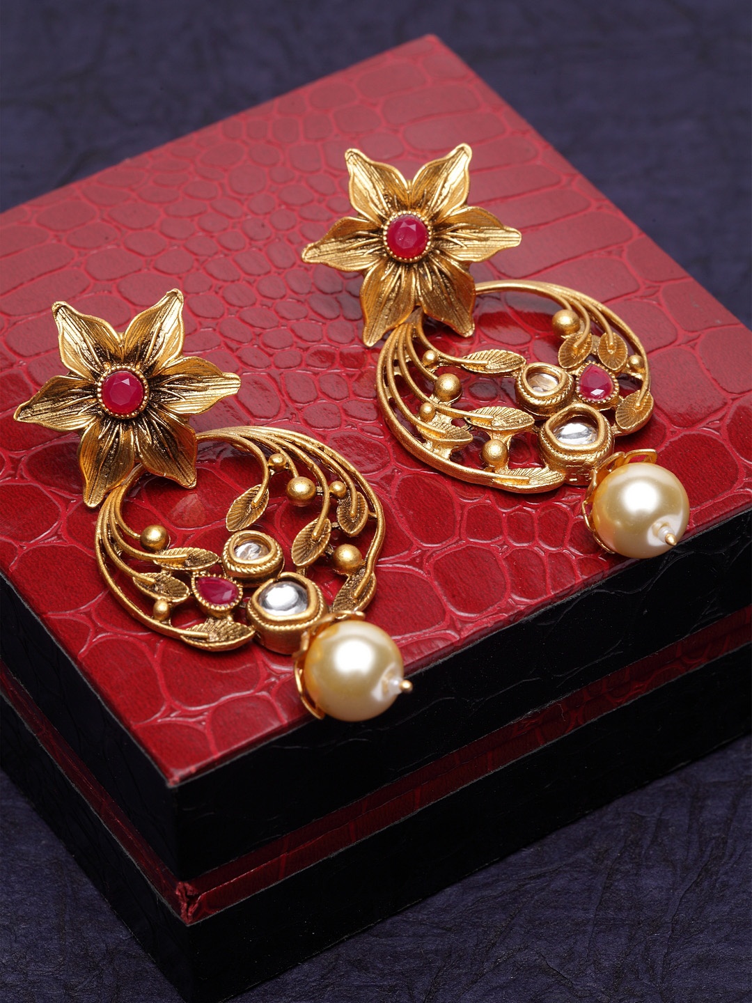 

PANASH Gold-Plated & Red Pearl Studded Floral Antique Drop Earrings