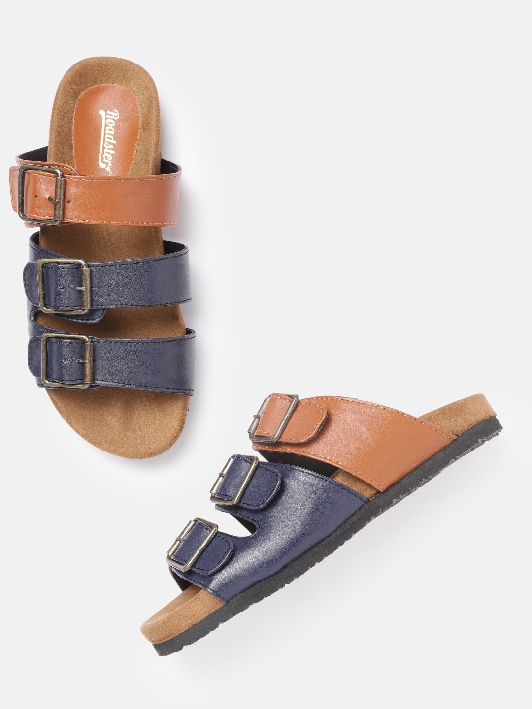 

Roadster Women Navy Blue & Tan Brown Colourblocked Open Toe Flats with Buckle Detail