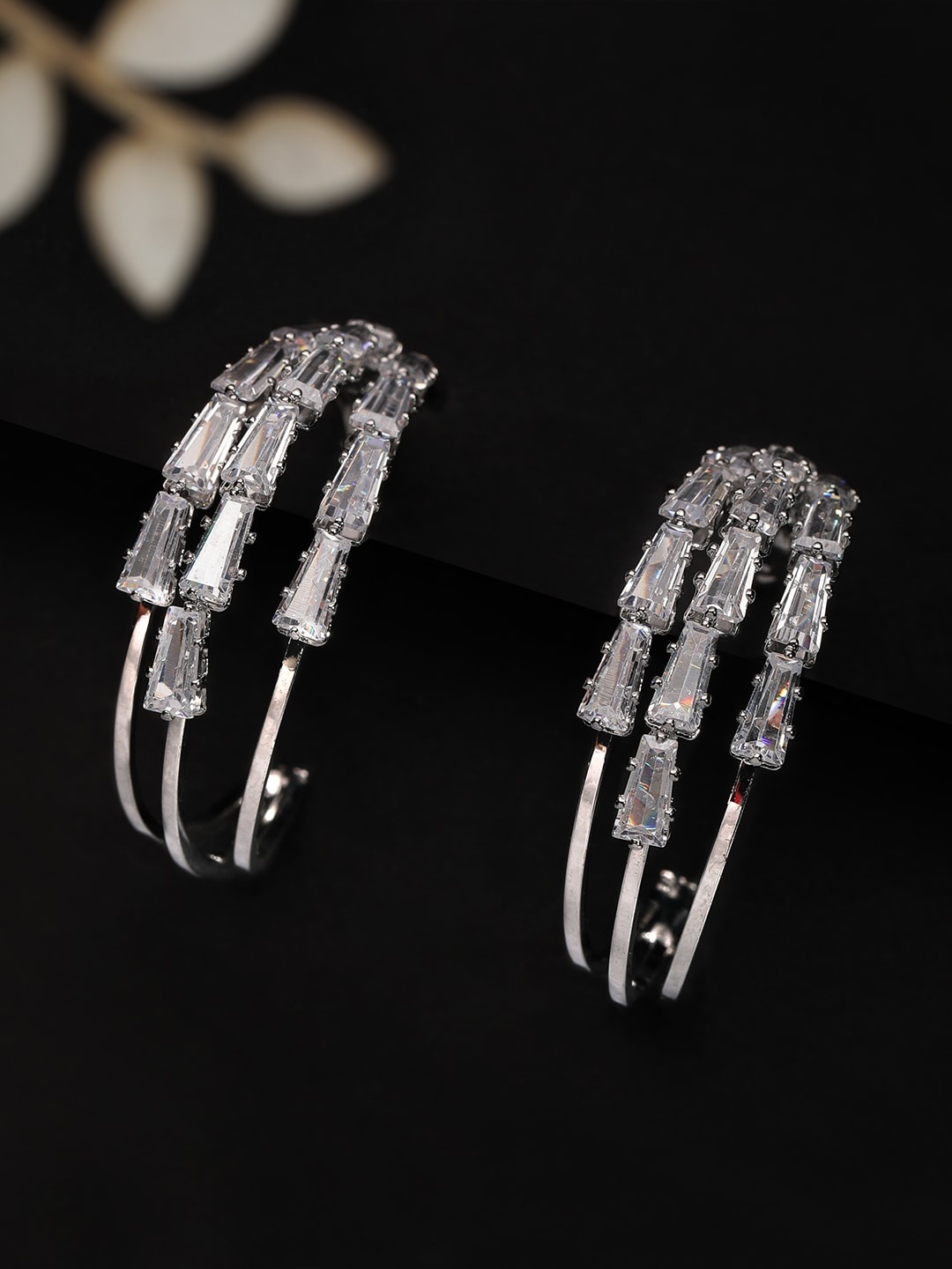 

Rubans Silver-Toned Classic CZ Studded Half Hoop Earrings