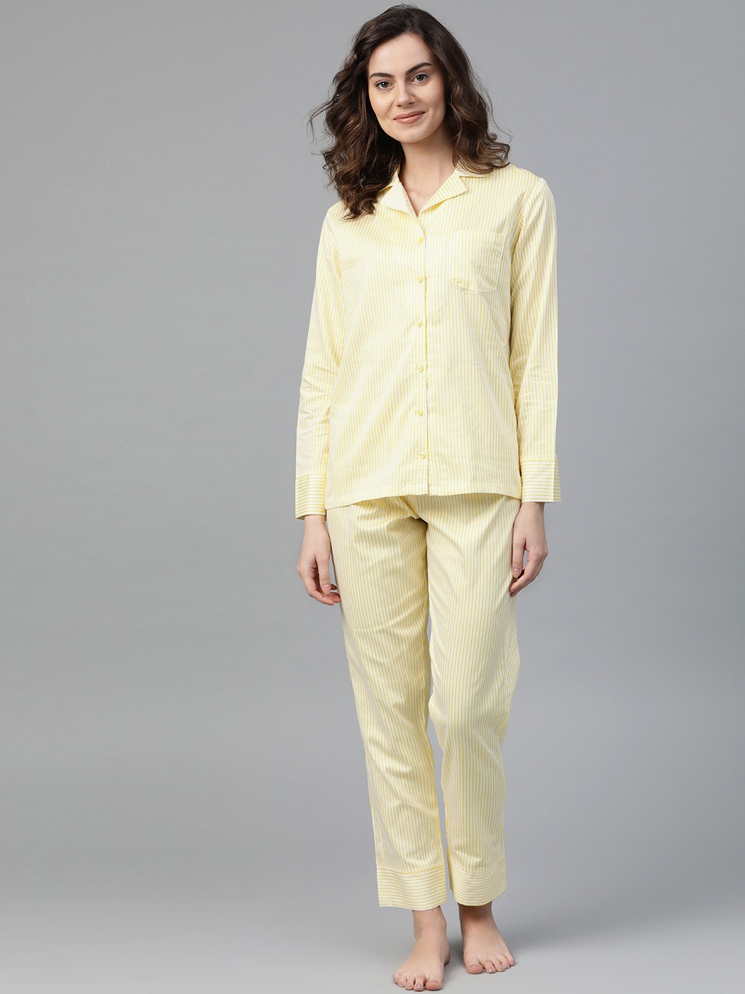 

DRAPE IN VOGUE Women Yellow & White Striped Night Suit