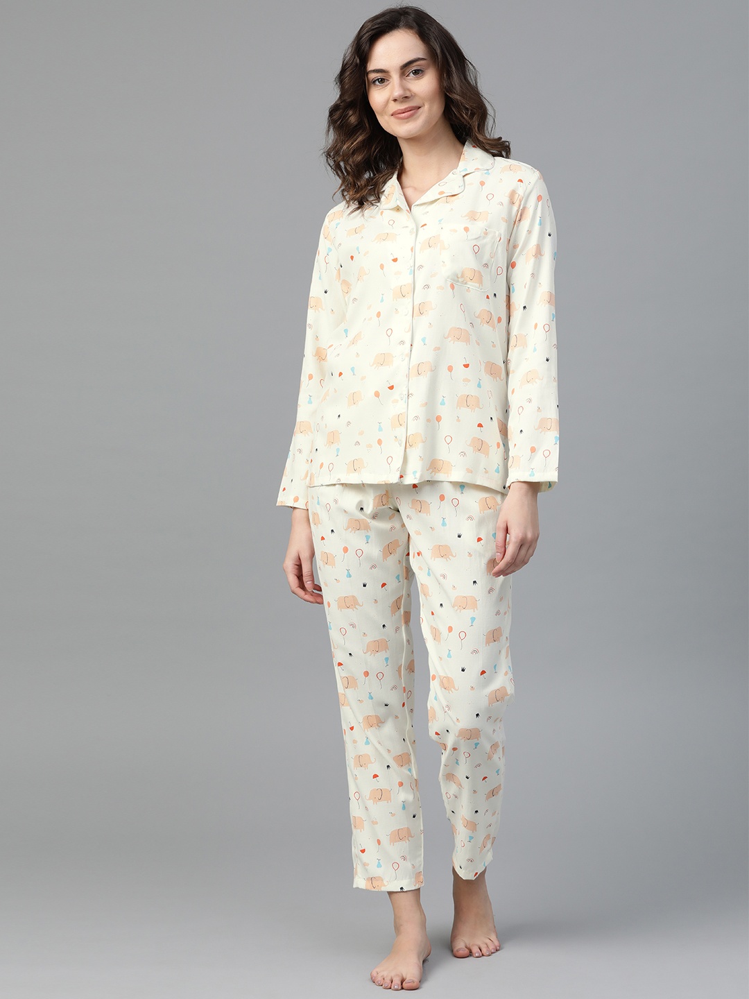 

DRAPE IN VOGUE Women Off-White & Orange Printed Night Suit