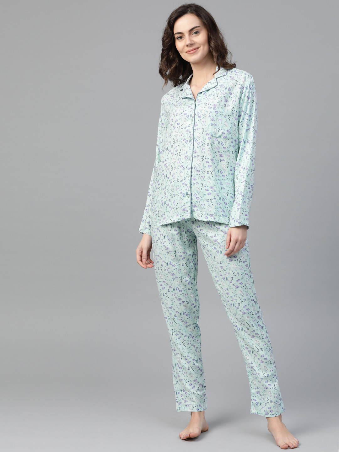 

DRAPE IN VOGUE Women Sea Green & Purple Printed Night Suit