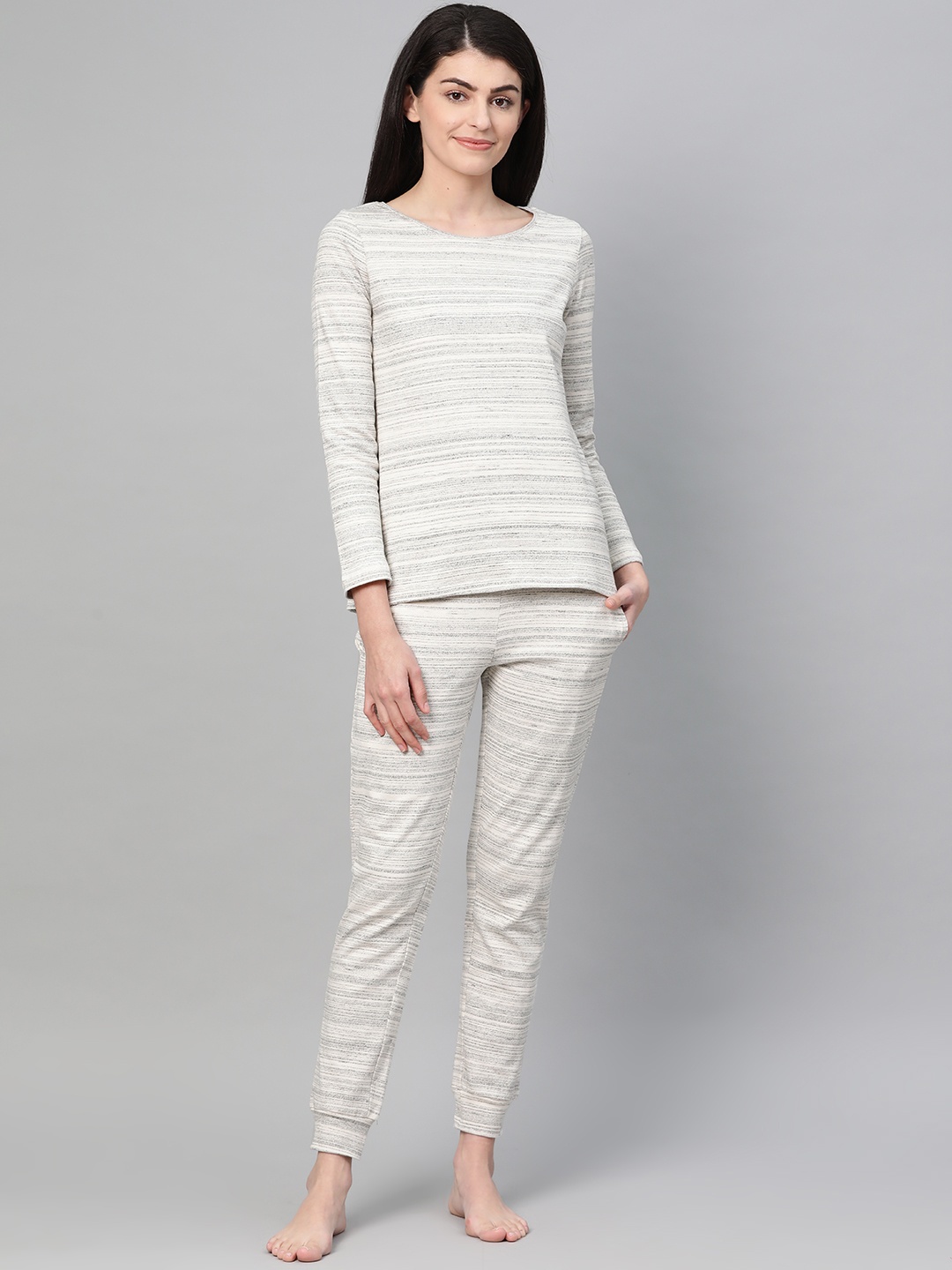 

DRAPE IN VOGUE Women Off-White & Grey Self-Striped Night Suit
