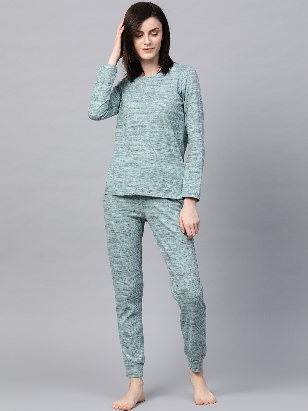 

DRAPE IN VOGUE Women Green & Blue Self-Striped Night Suit