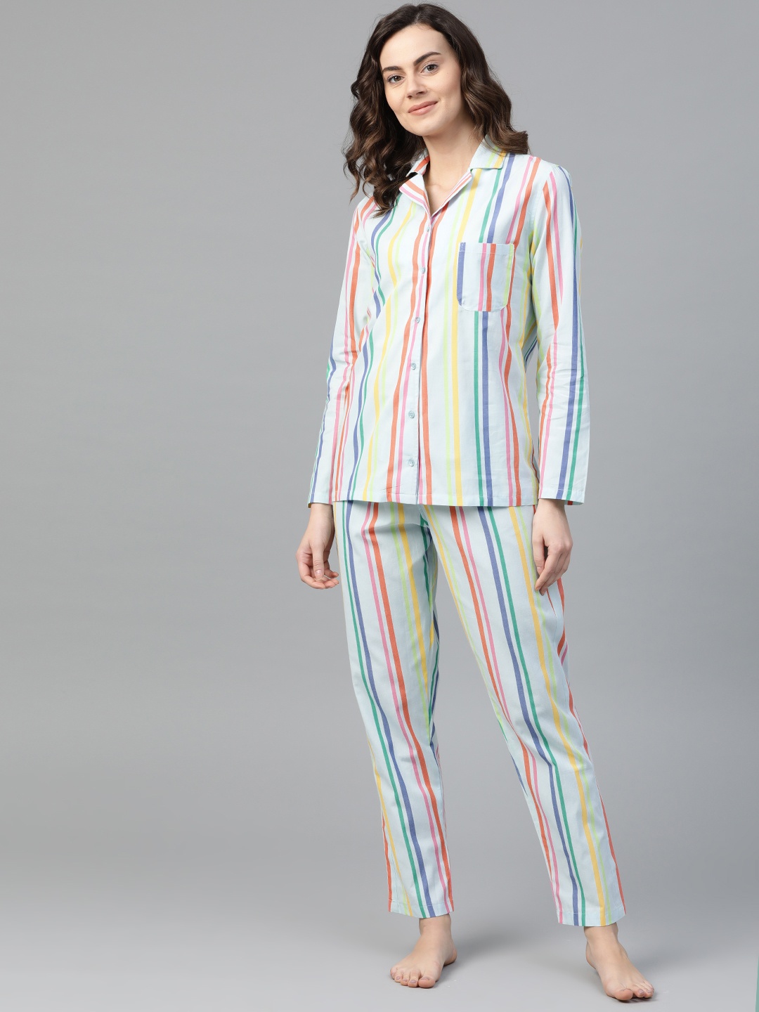 

DRAPE IN VOGUE Women Blue & Pink Striped Night Suit