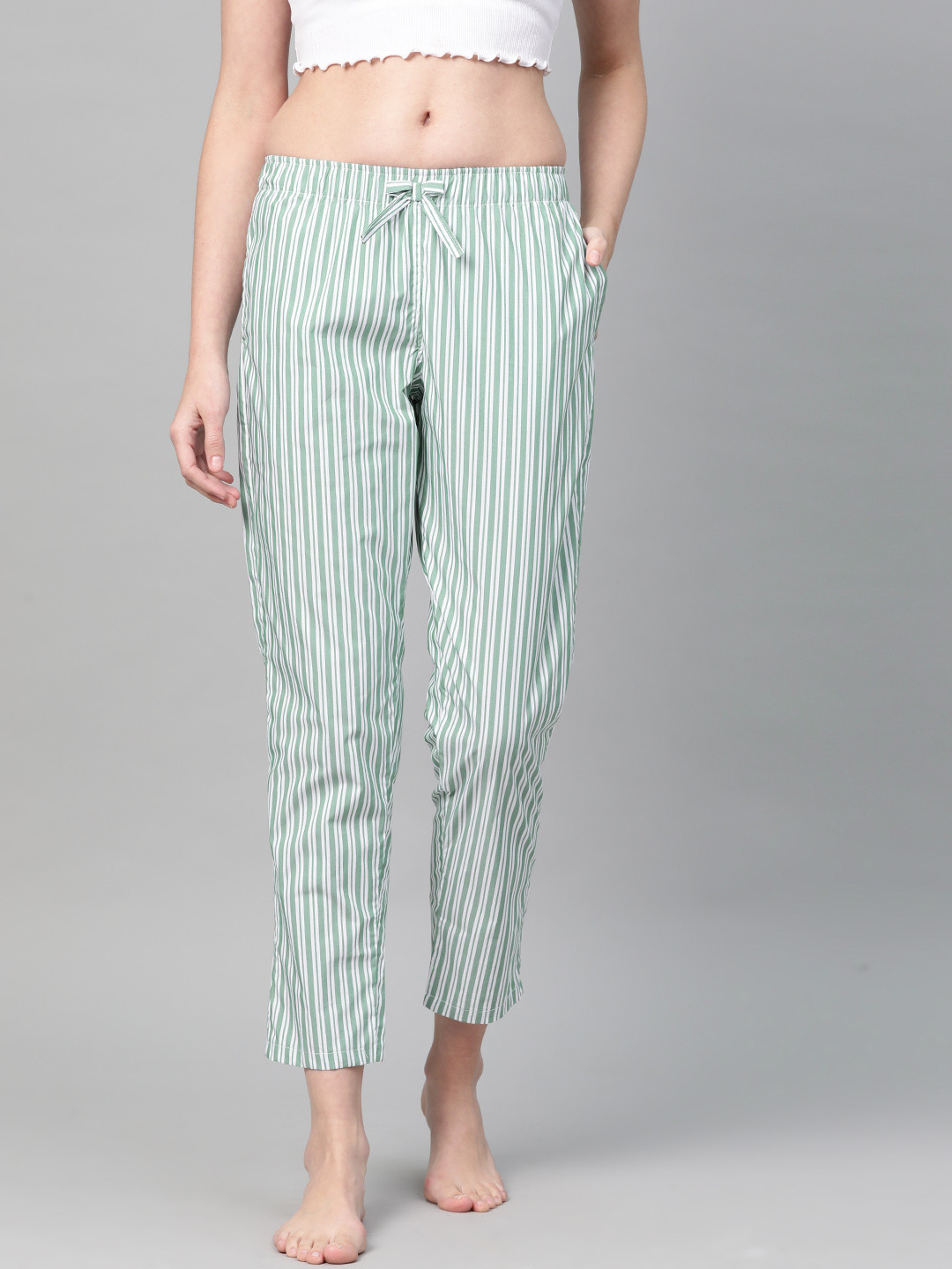 

DRAPE IN VOGUE Women Sea Green & White Striped Lounge Pants