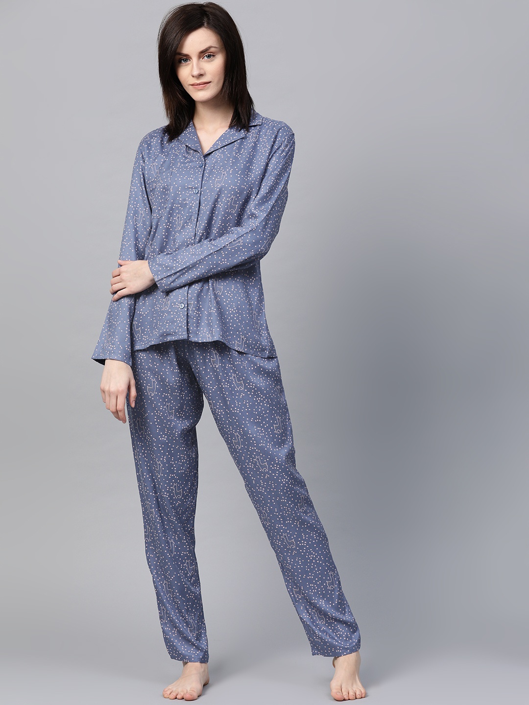 

DRAPE IN VOGUE Women Blue & Peach-Coloured Printed Nightsuit