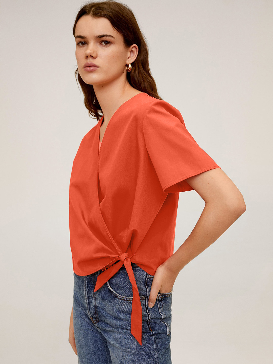 

MANGO Women Orange Solid Wrap Pure Cotton Top