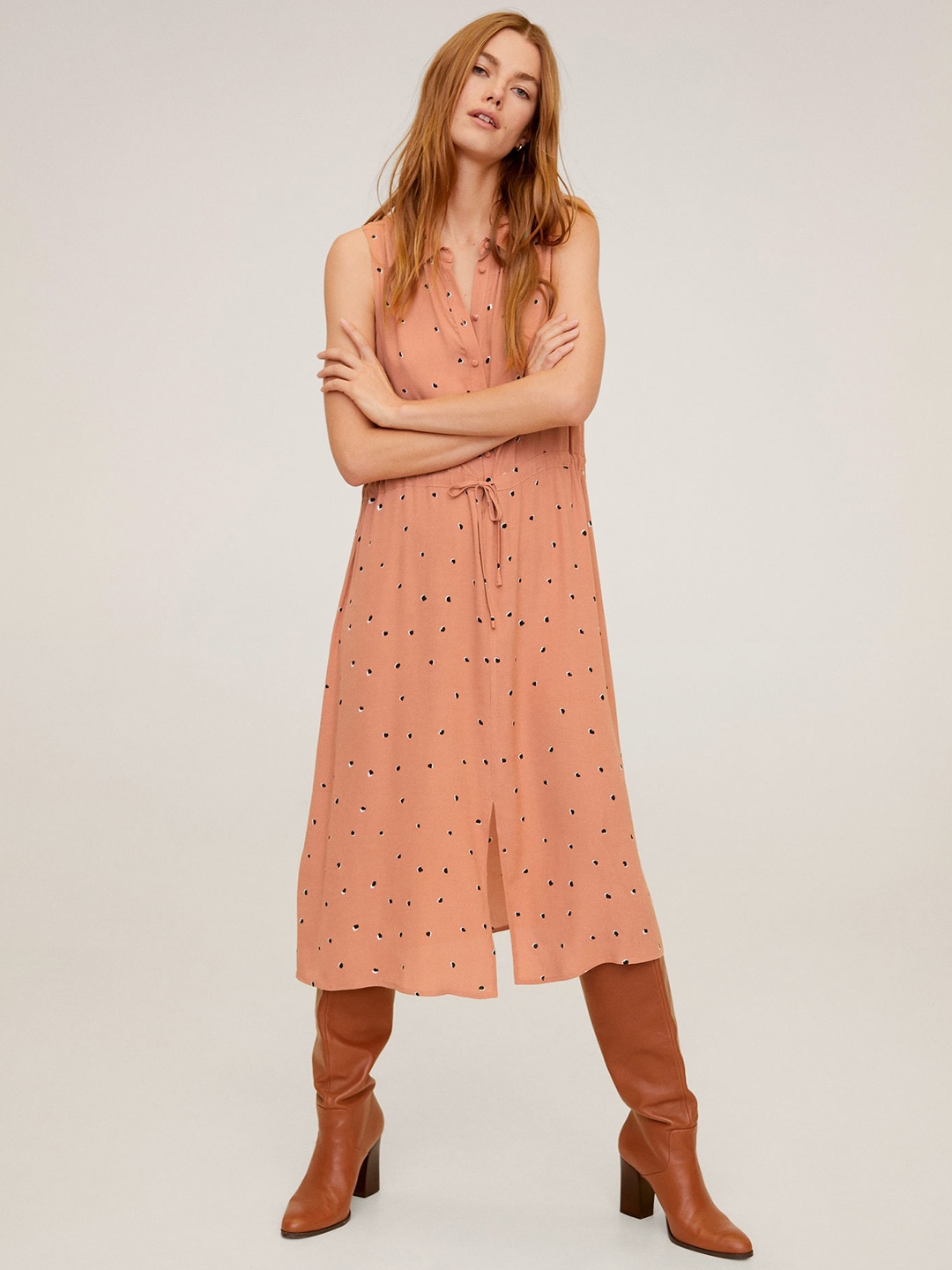 

MANGO Peach Printed Midi Shirt Dress