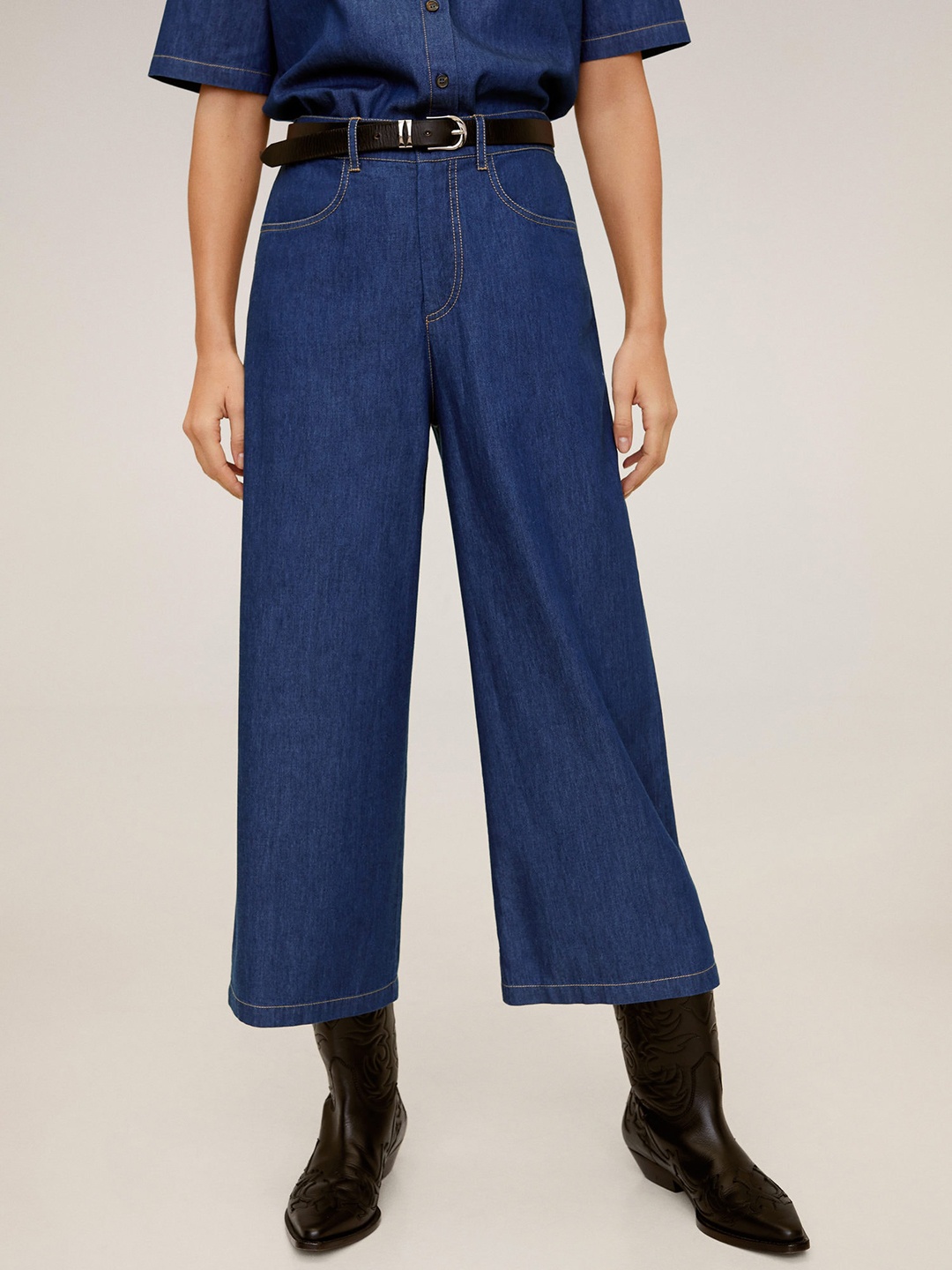 

MANGO Women Navy Blue Regular Fit Chambray Solid Parallel Cropped Trousers