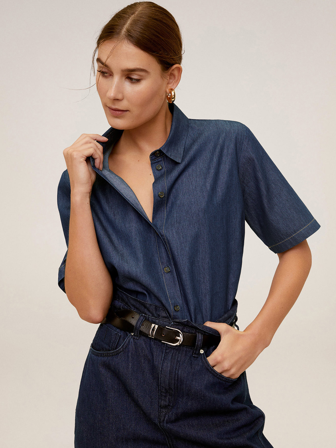 

MANGO Women Navy Blue Regular Fit Chambray Solid Casual Shirt