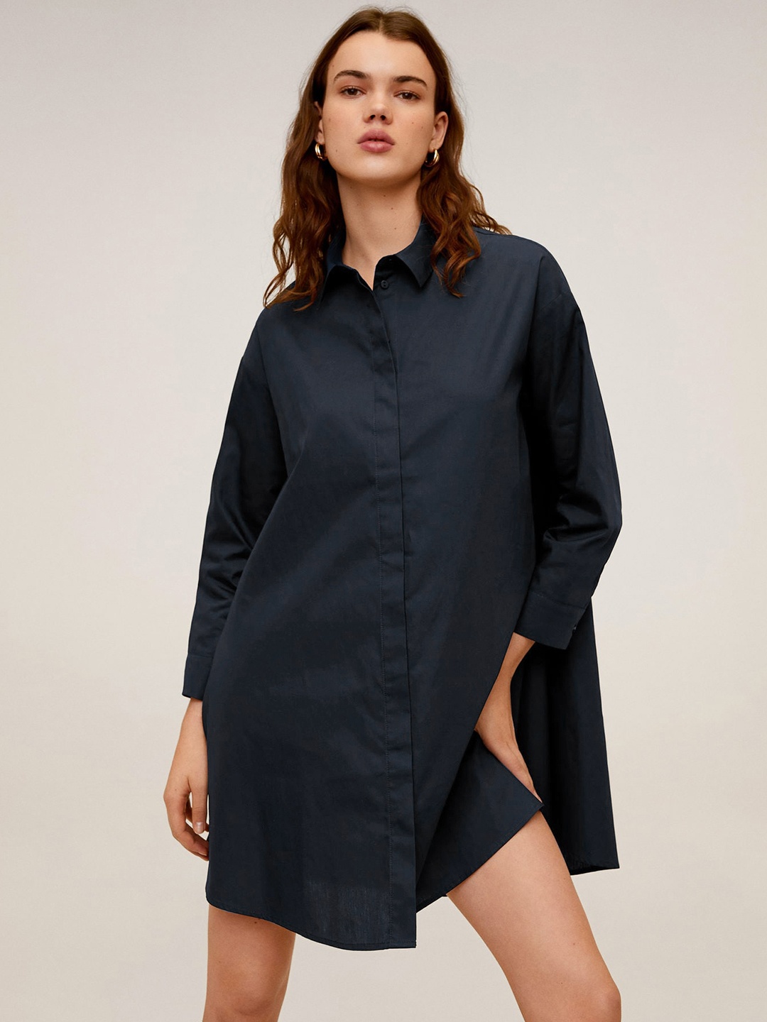 

MANGO Navy Blue Cotton Trapeze Shirt Dress