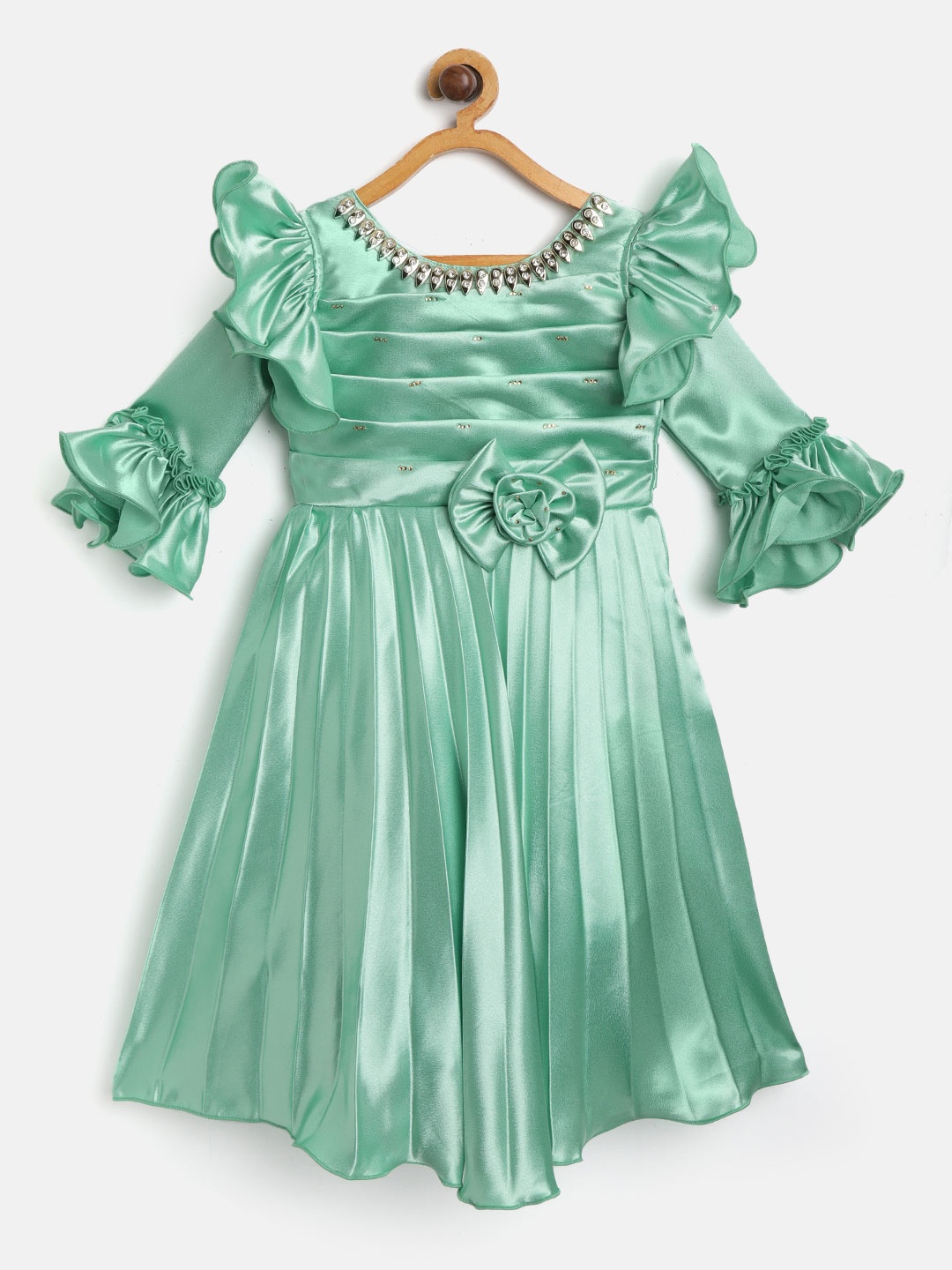 

JBN Creation Girls Sea Green Embellished Detail Accordion Pleats Satin Finish Maxi Dress