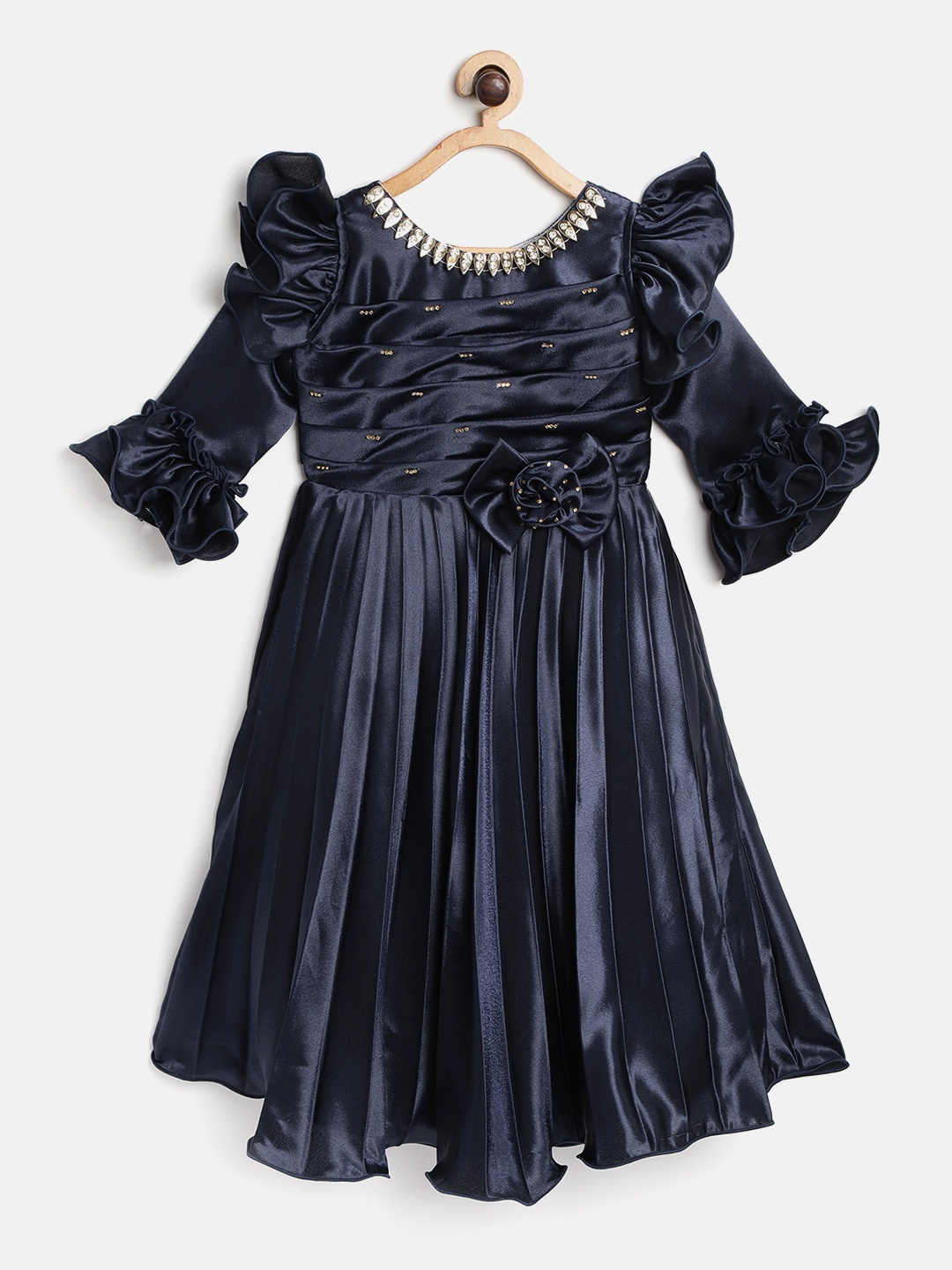 

JBN Creation Girls Navy Blue Satin Finish Accordion Pleated Maxi Dress