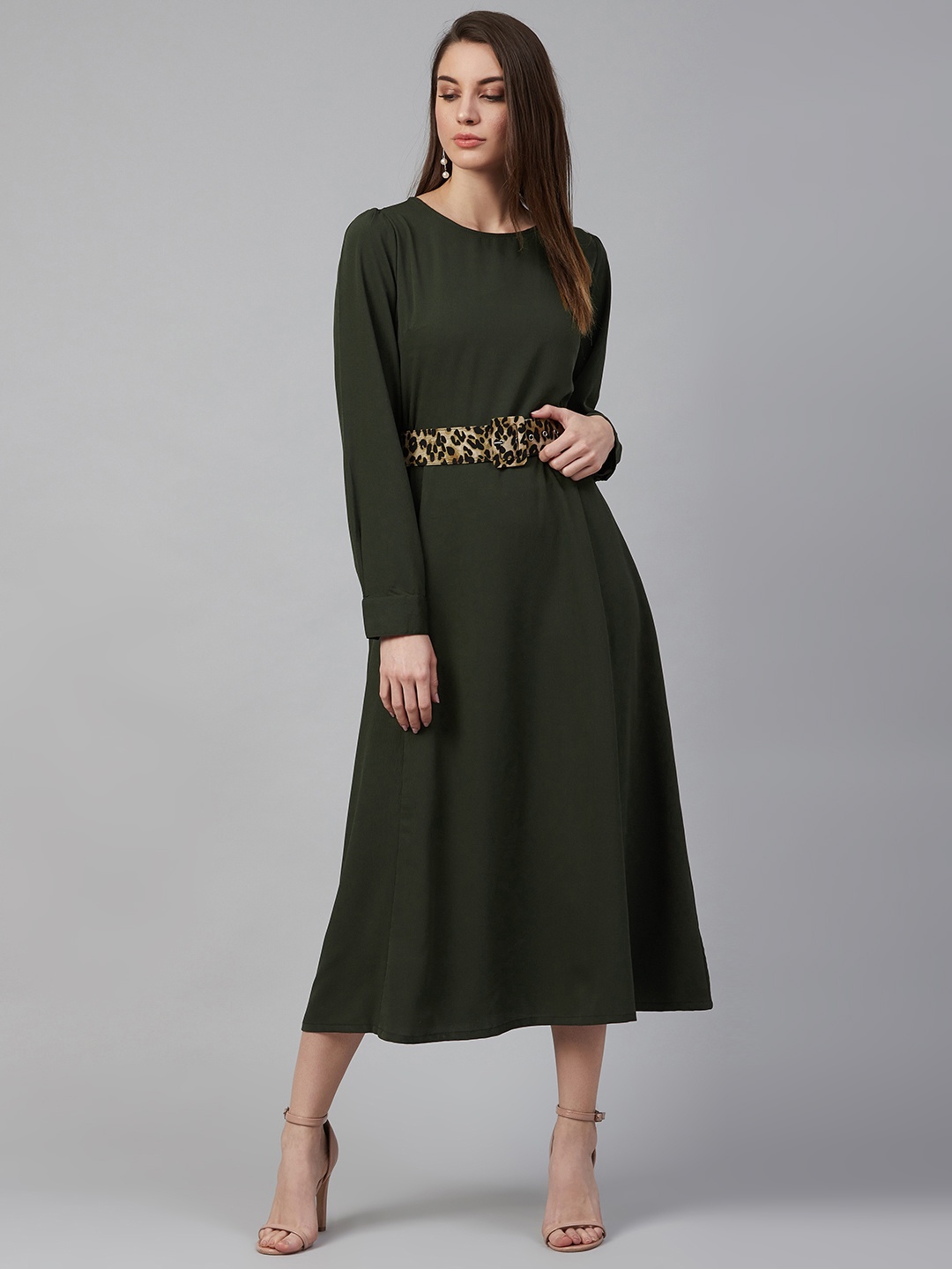 

plusS Olive Green Midi Dress With Puff Sleeves