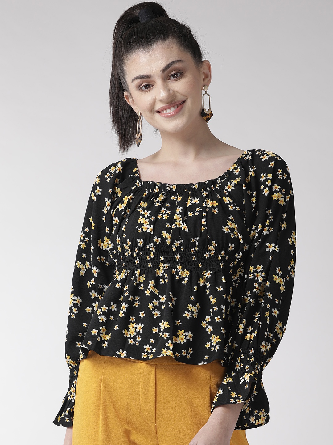 

plusS Women Black & Yellow Ditsy Floral Print Styled Back Top