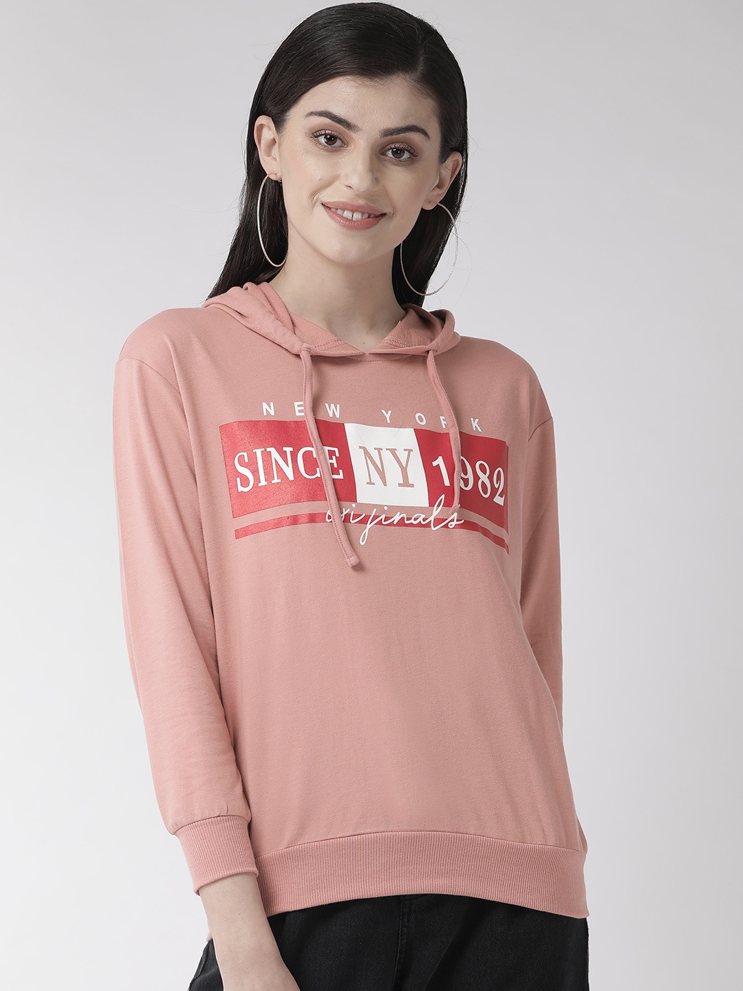 

plusS Women Pink & Red Printed Hooded Sweatshirt