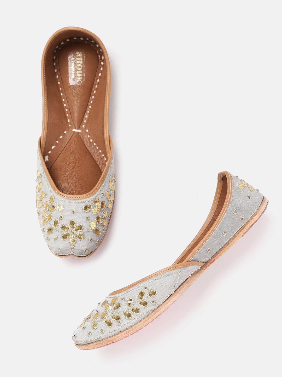 

Anouk Women Grey & Gold-Toned Woven Design Mojaris