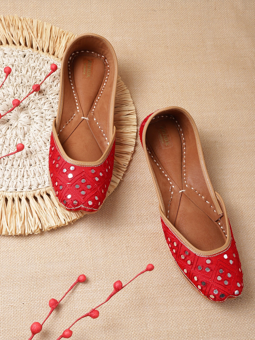 

Anouk Women Red Woven Design Mojaris With Mirror Work Detail