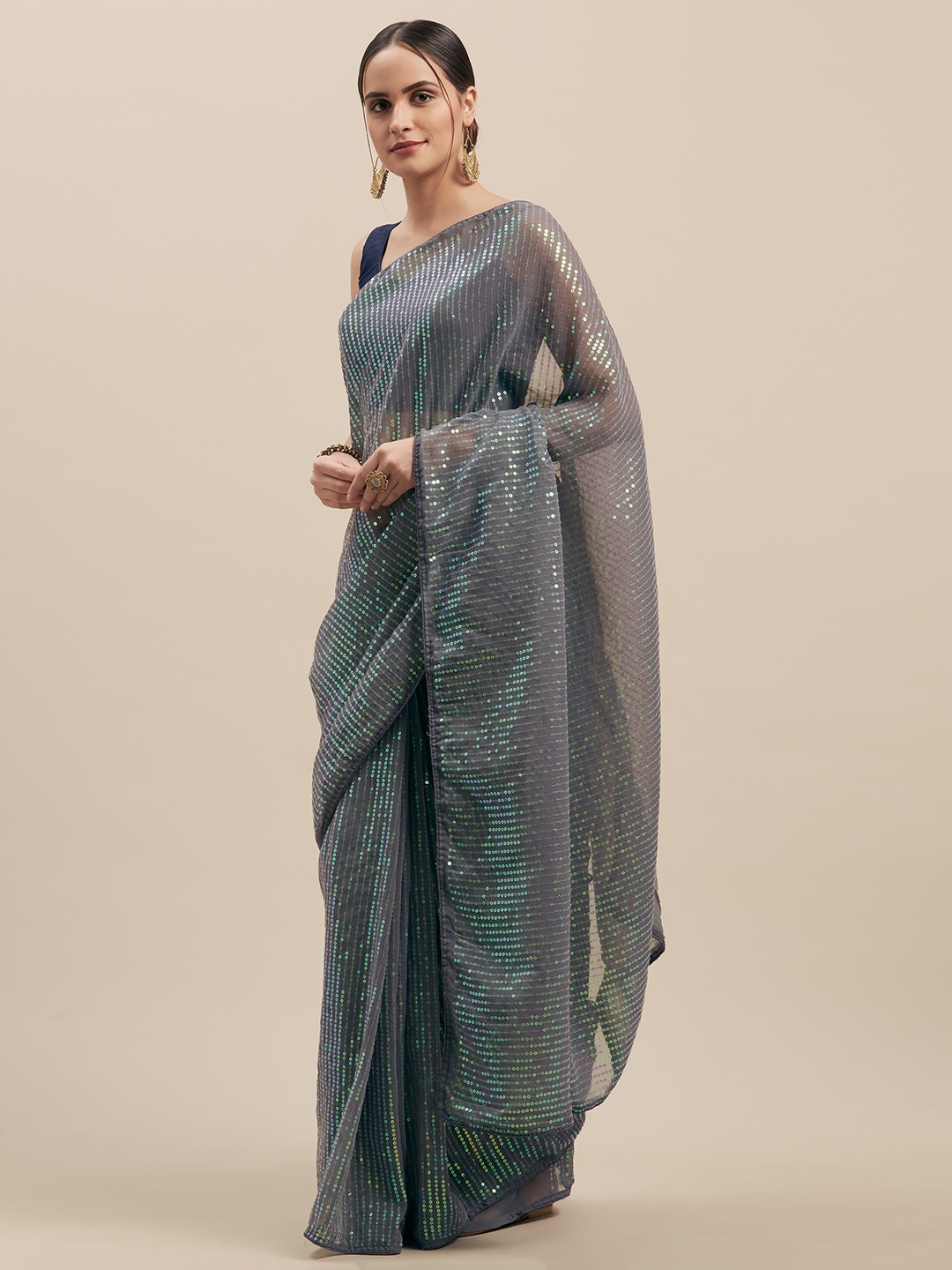 

GoSriKi Grey Embroidered Poly Georgette Saree