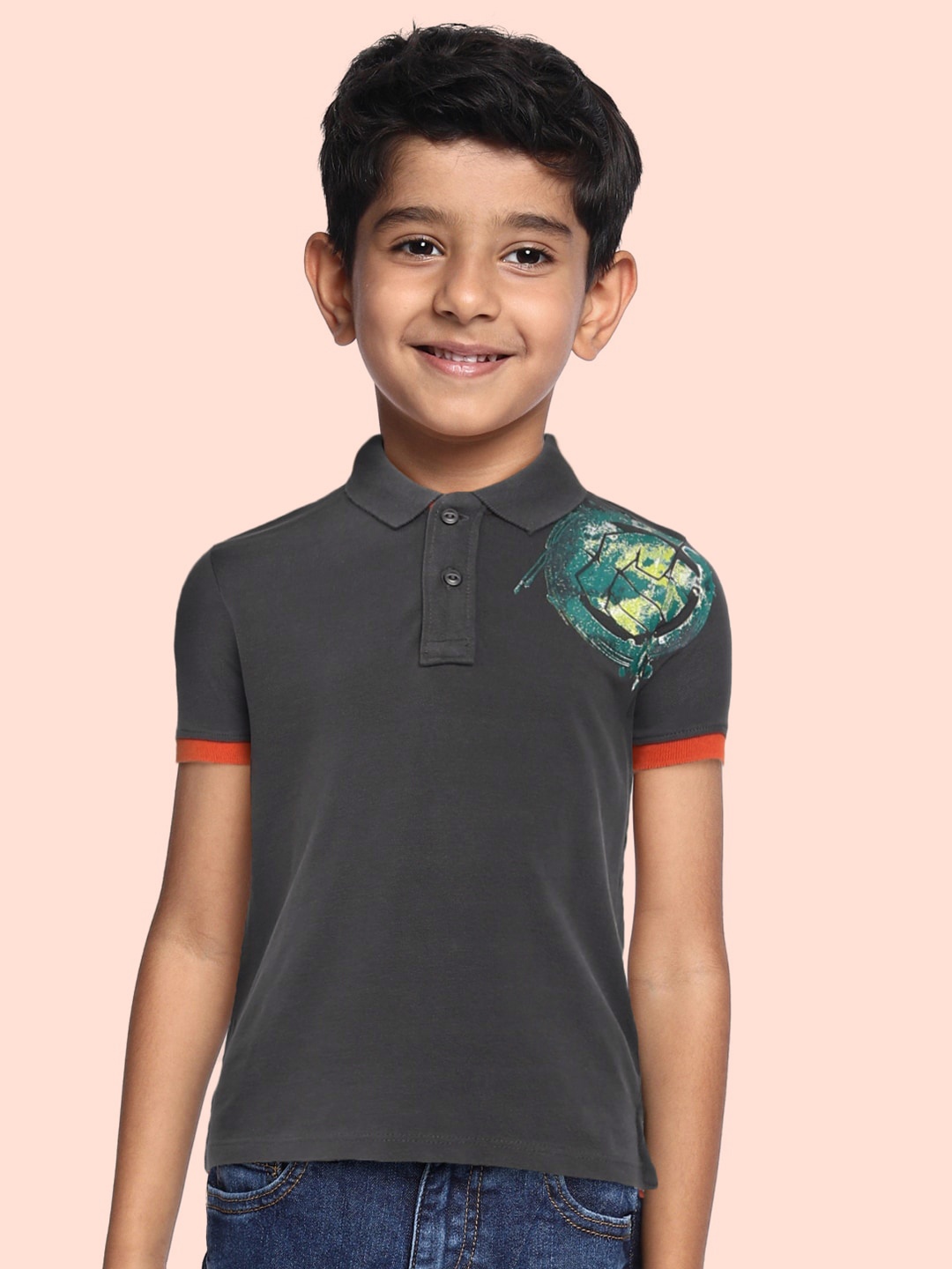 

Pepe Jeans Boys Grey Hulk Print Pure Cotton Polo Collar T-shirt