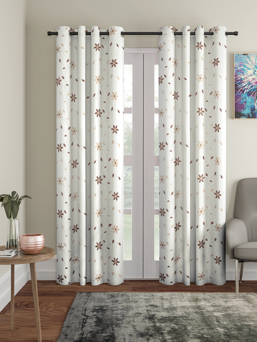 Cortina White & Brown Set of 2 Long Door Curtains