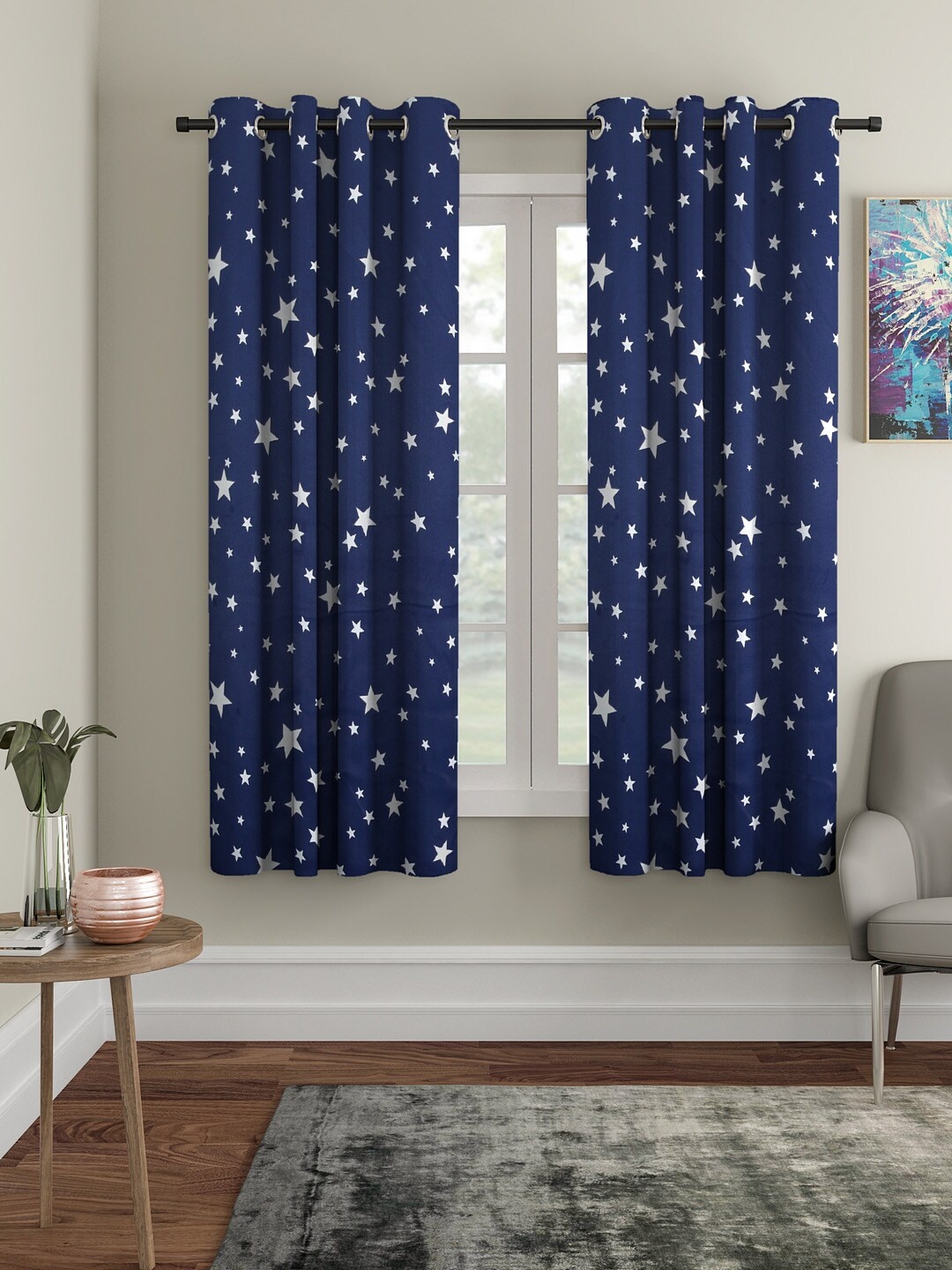 

Cortina Navy Blue & White Set of 2 Black Out Window Curtains