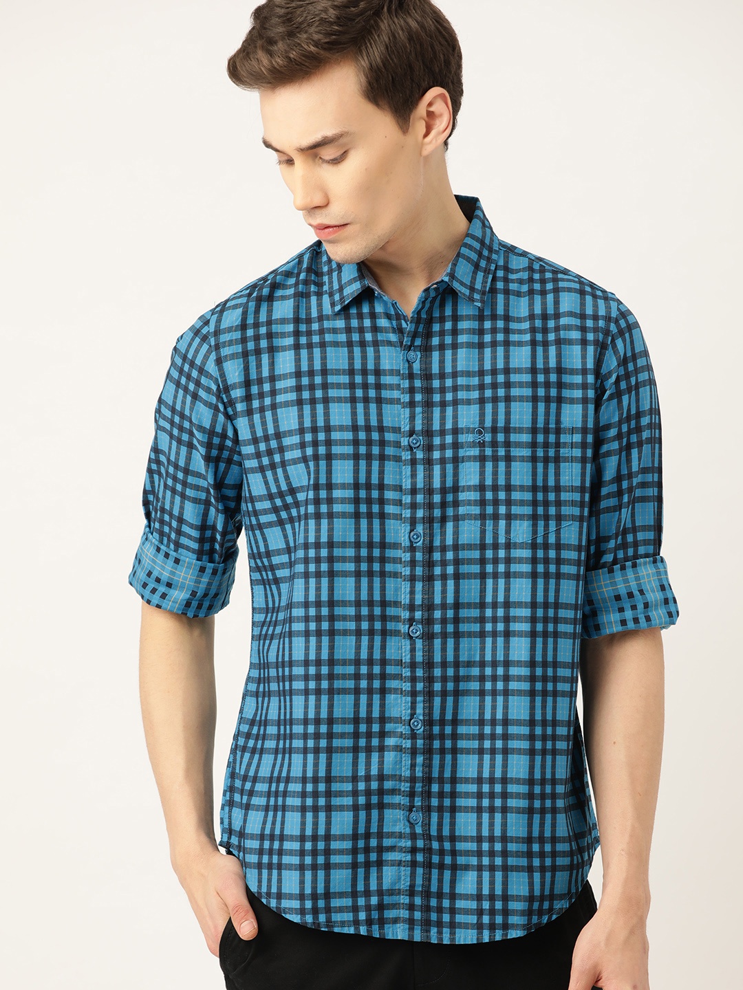 

United Colors of Benetton Men Blue & Black Regular Fit Checked Casual Shirt