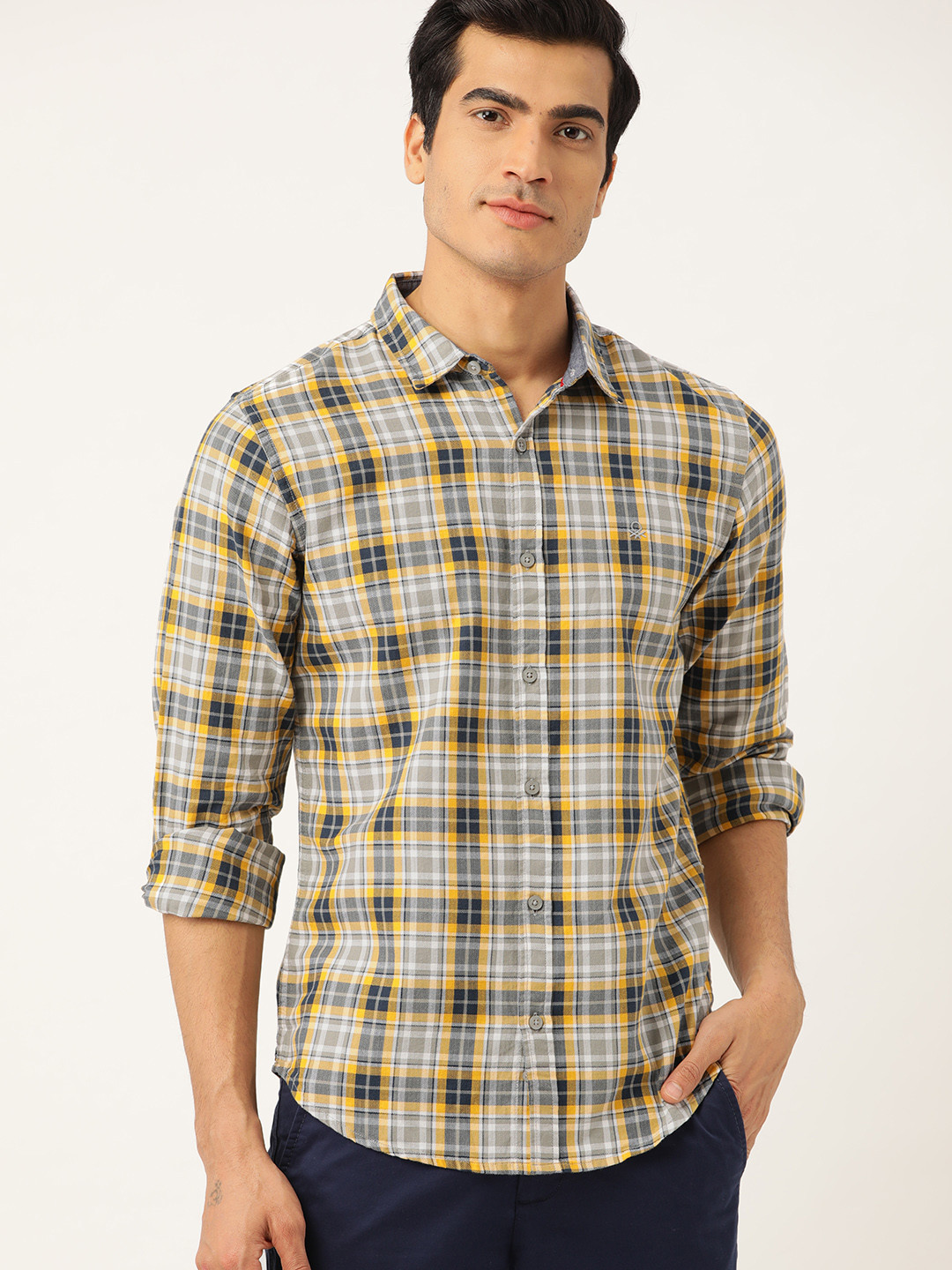 

United Colors of Benetton Men Yellow & Grey Regular Fit Checked Casual Shirt