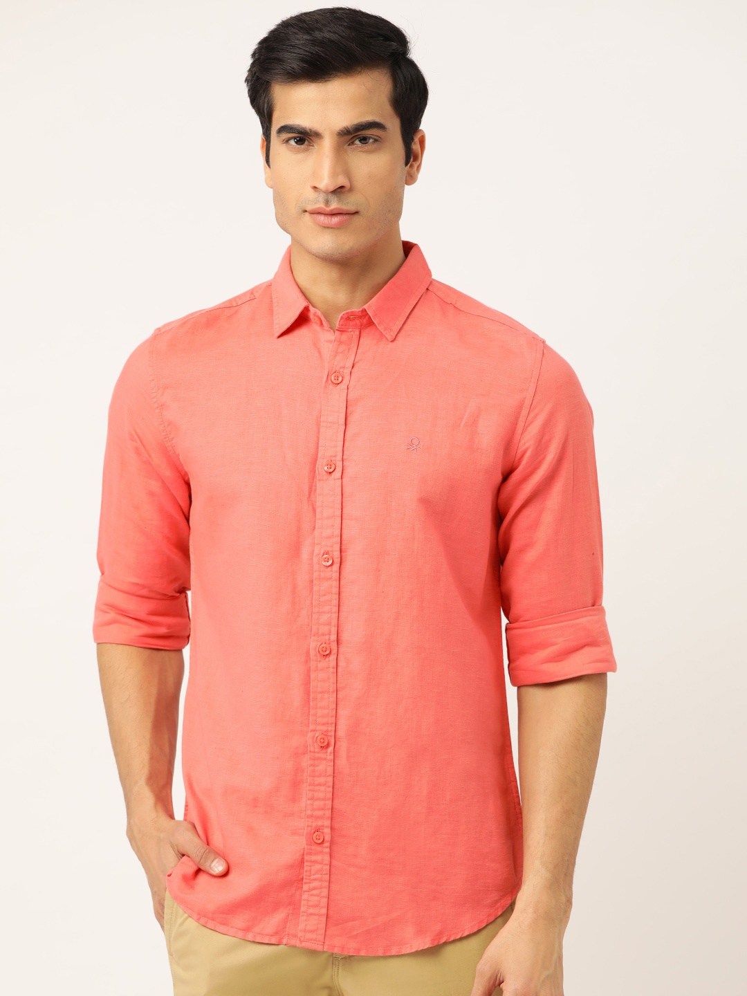 

United Colors of Benetton Men Coral Orange Regular Fit Solid Casual Shirt