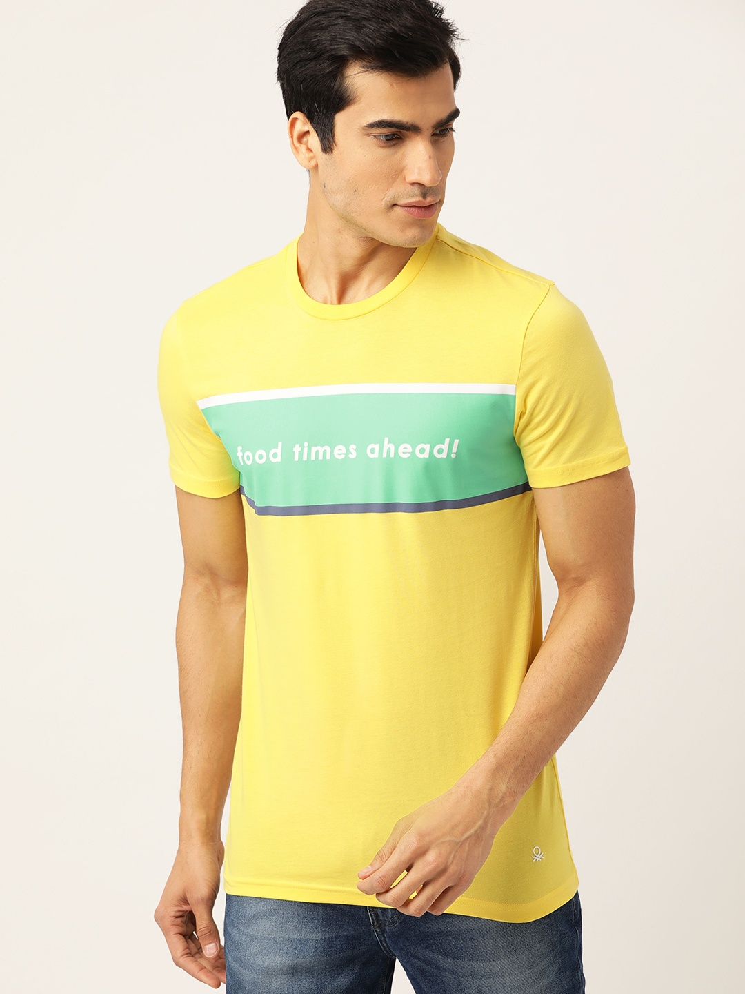 

United Colors of Benetton Men Yellow & Green Colourblocked Round Neck T-shirt