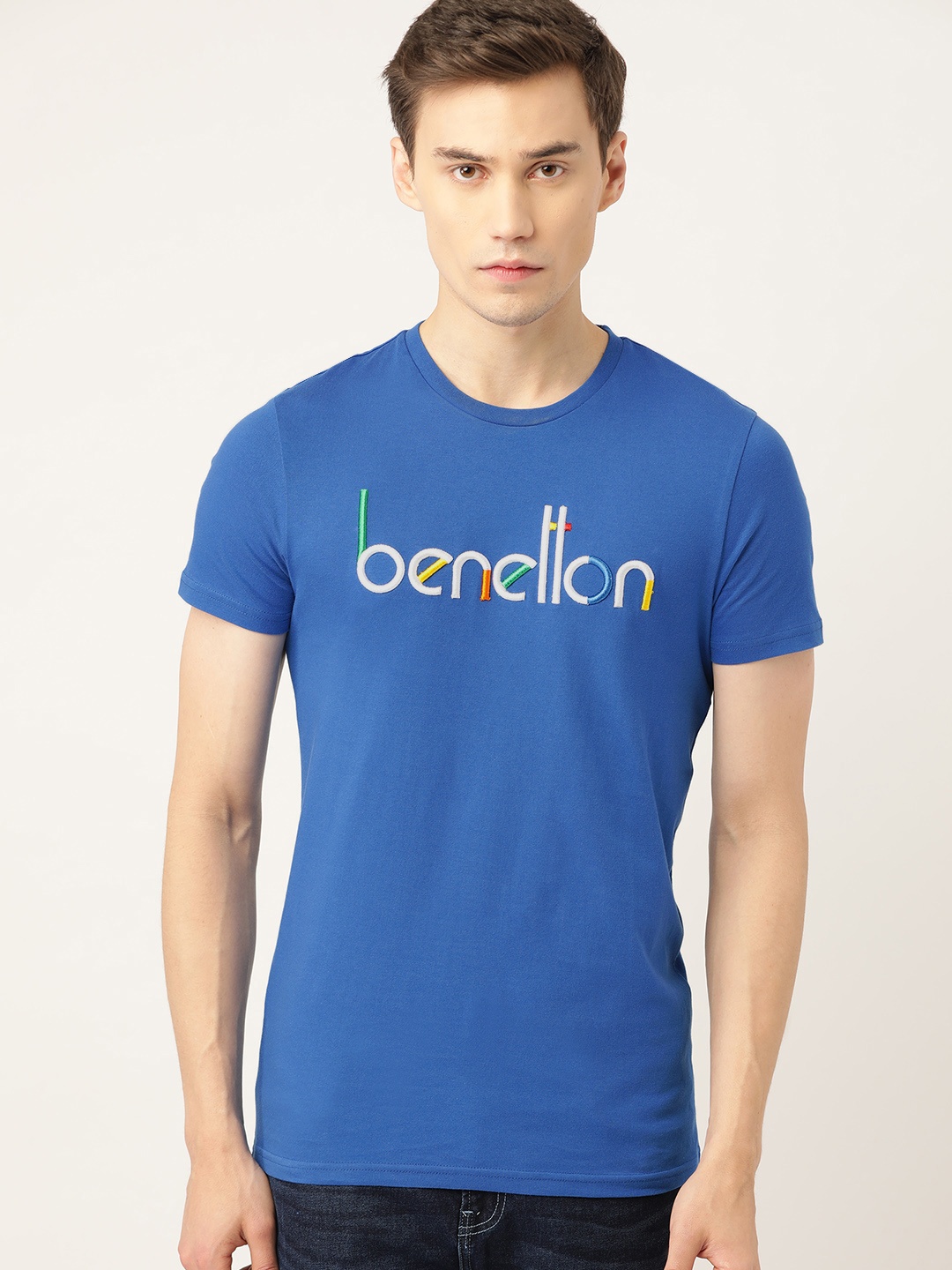 

United Colors of Benetton Men Blue & White Embroidered Round Neck T-shirt