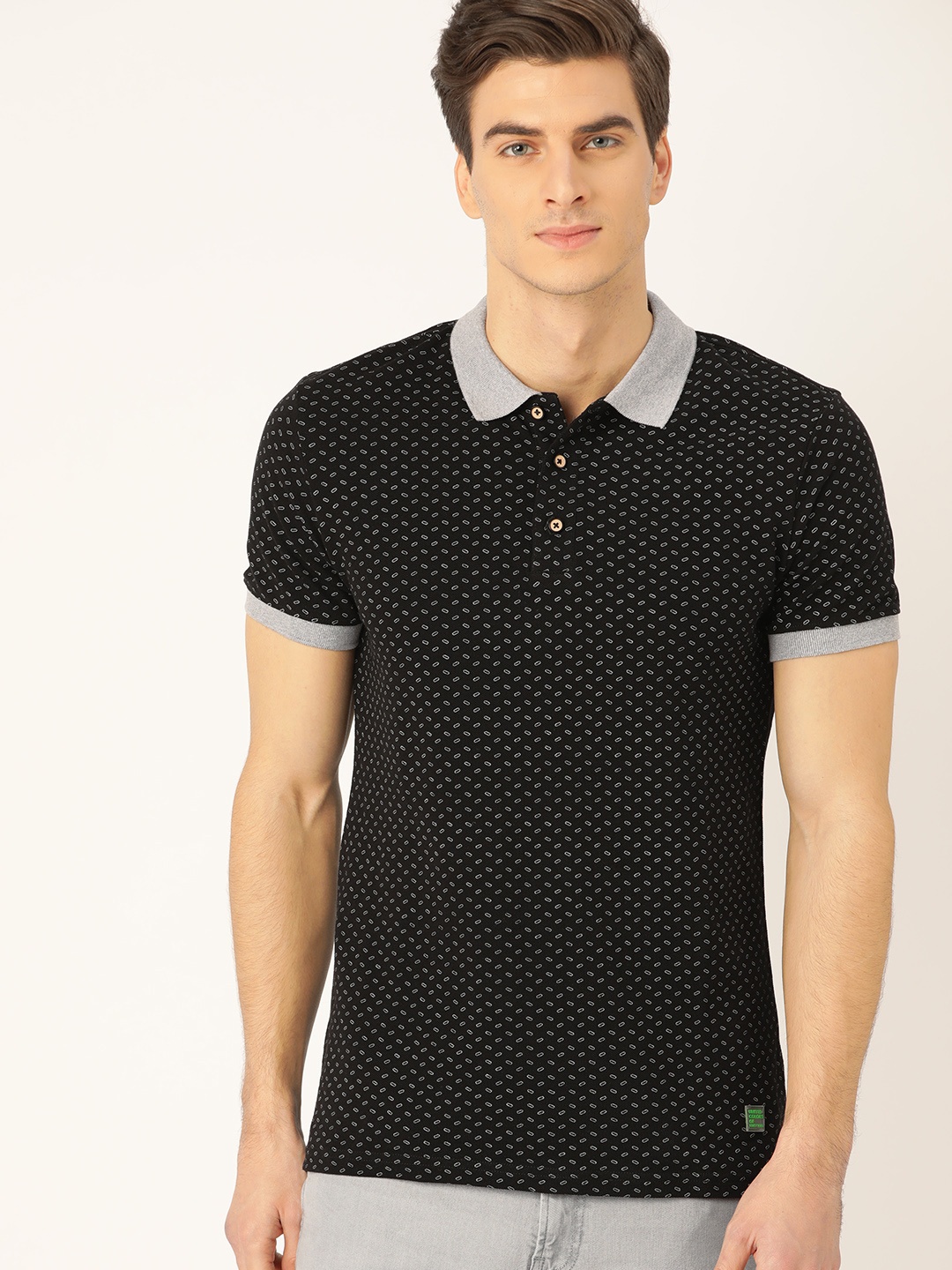 United Colors of Benetton Men Black & Grey Printed Polo Collar T-shirt
