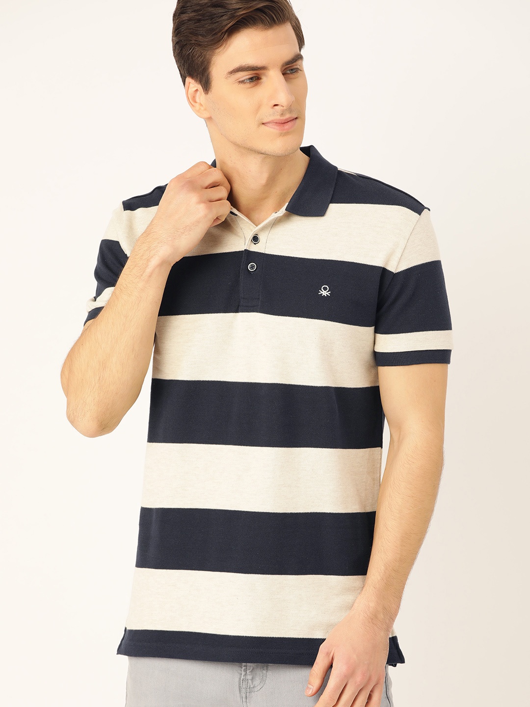 United Colors of Benetton Men Navy Blue Striped Polo Collar T-shirt