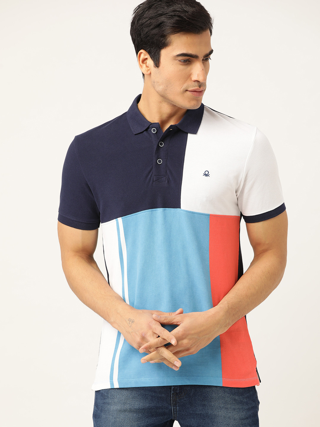 

United Colors of Benetton Men Blue Brick Red Colourblocked Polo Collar Pure Cotton T-shirt