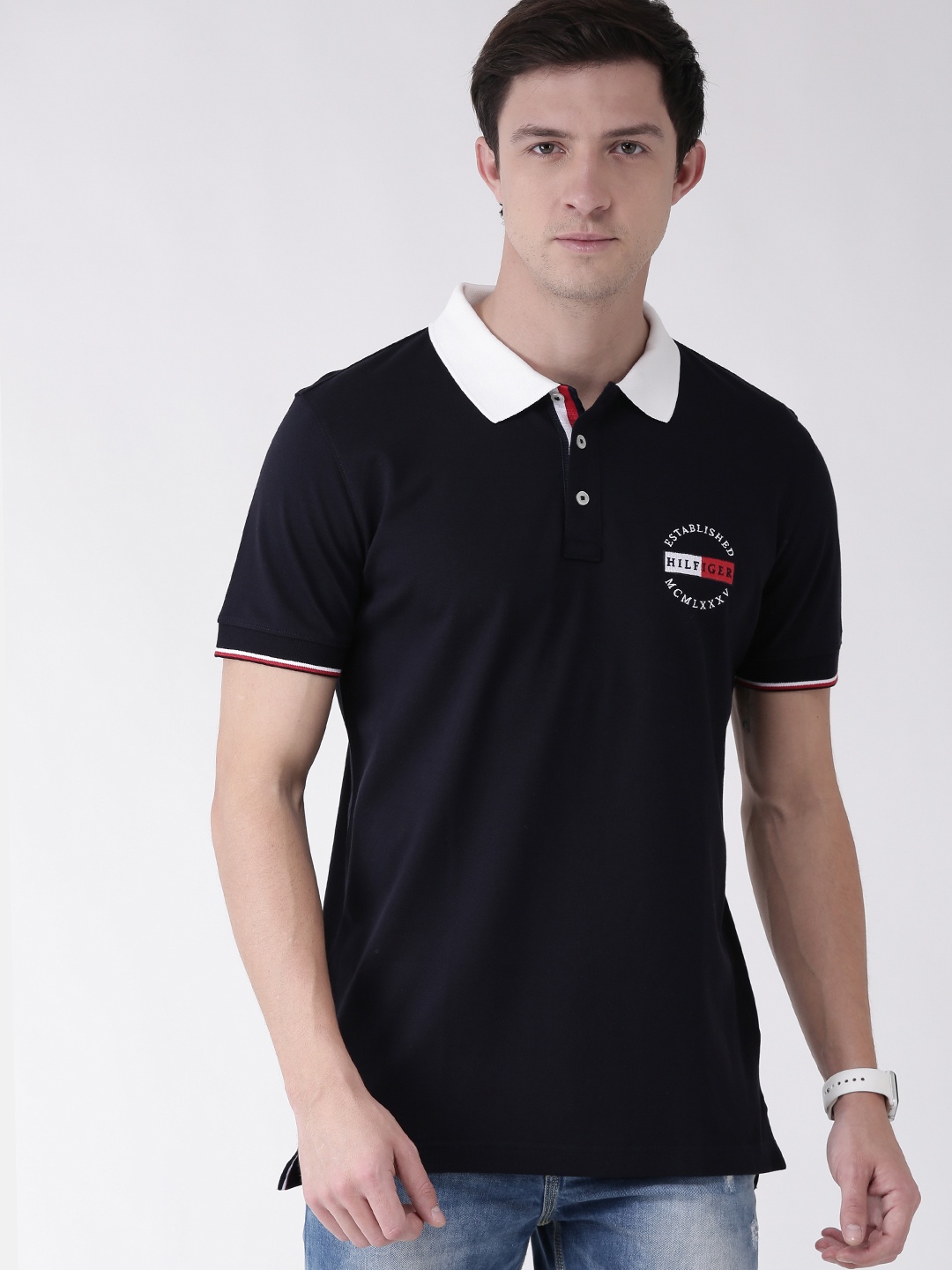 

Tommy Hilfiger Men Navy Blue Regular Fit Solid Polo Collar Pure Cotton T-shirt