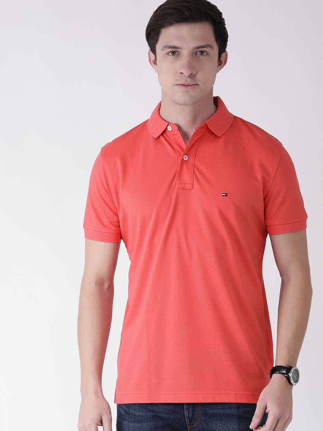 

Tommy Hilfiger Men Coral Red Solid Polo Collar Pure Cotton T-shirt