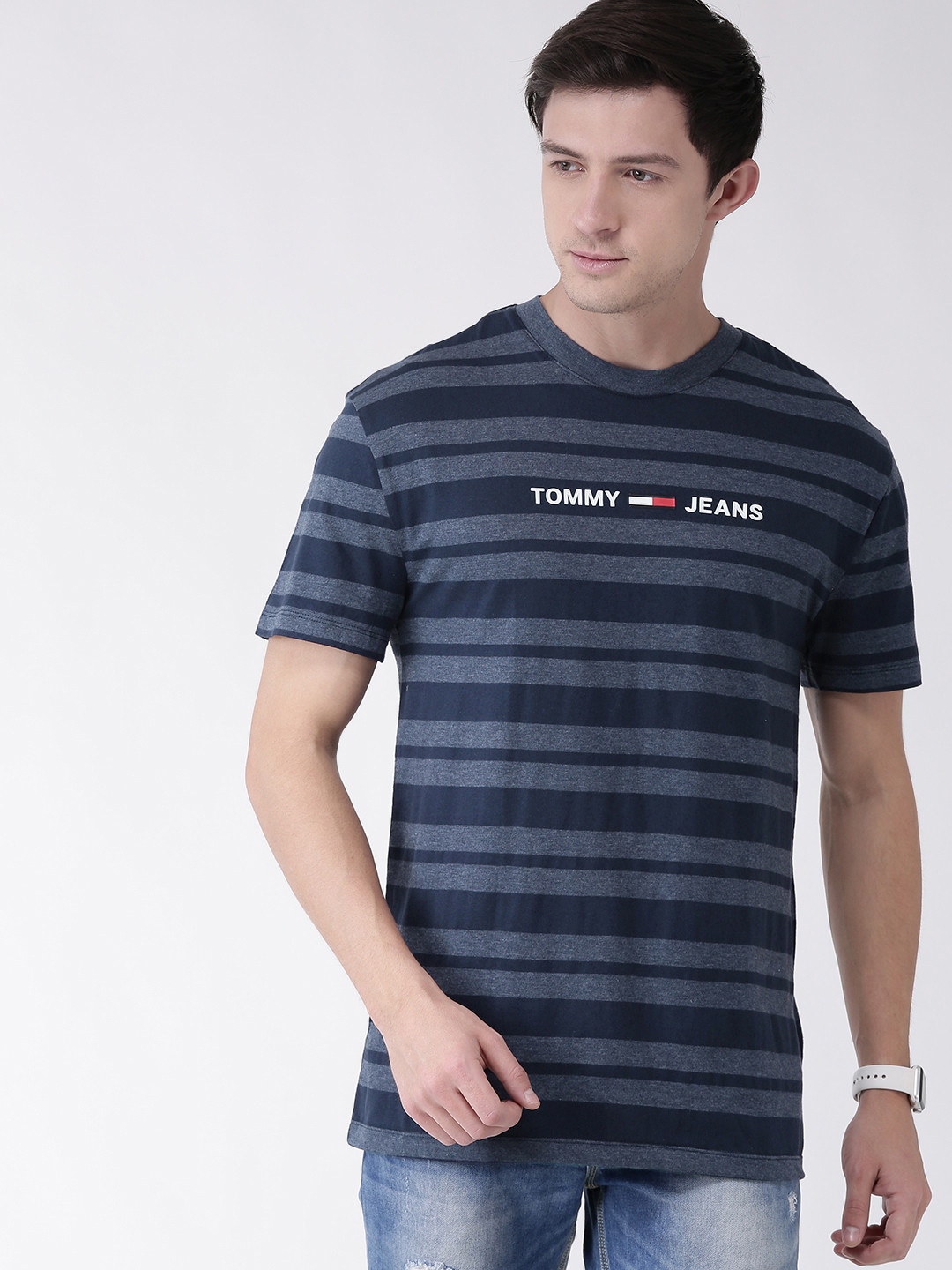 

Tommy Hilfiger Men Navy Blue Striped Round Neck T-shirt With Print Detail