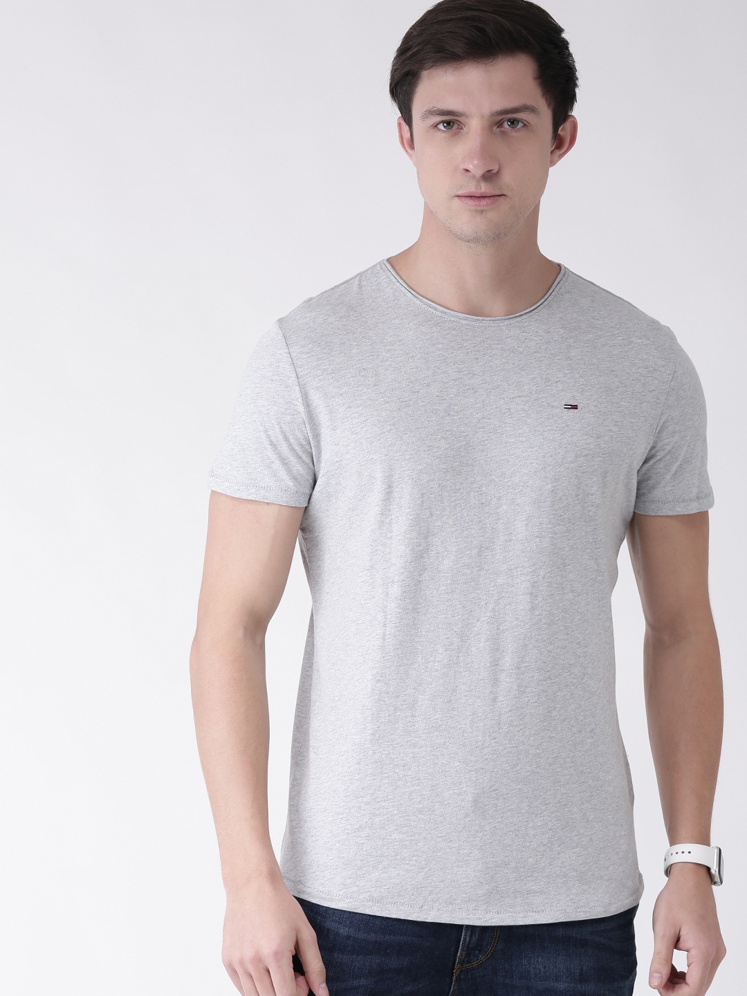 

Tommy Hilfiger Men Grey Melange Slim Fit Solid Round Neck Pure Cotton T-shirt